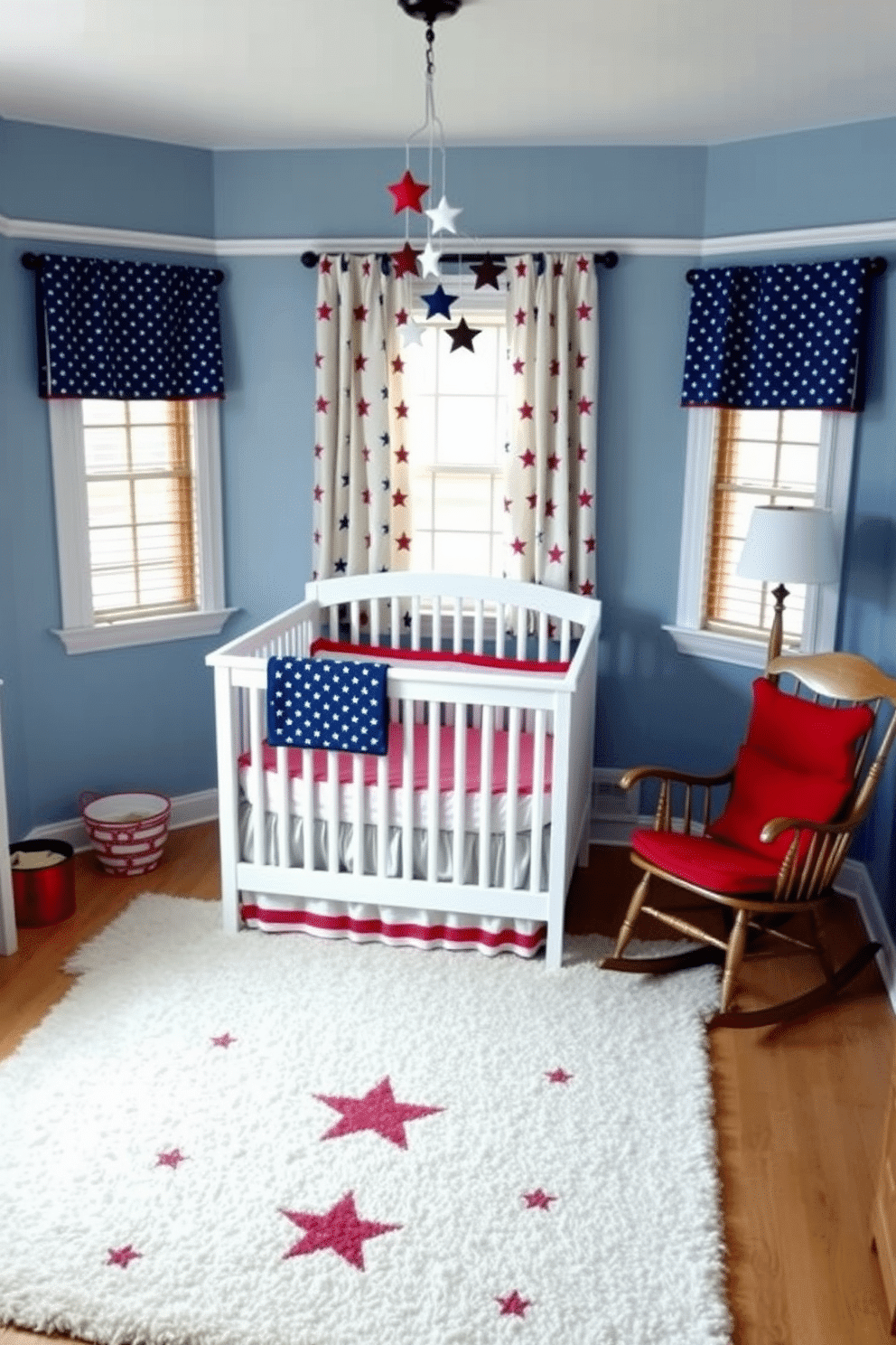 A cozy nursery decorated with stars and stripes themed curtains. The walls are painted in soft blue, and a white crib with red accents sits in the center of the room. A plush area rug with a subtle star pattern covers the floor, while a vintage rocking chair adds a touch of charm. A mobile featuring red, white, and blue stars hangs above the crib, completing the patriotic theme.