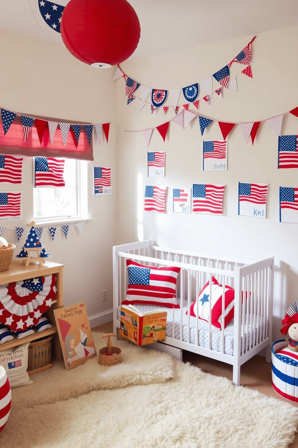 A vibrant nursery featuring flag-themed art projects adorning the walls. The decor includes colorful bunting and playful cushions, creating a festive atmosphere for Memorial Day celebrations. The room is filled with soft pastel colors, complemented by red, white, and blue accents throughout. A cozy reading nook with a plush rug invites children to enjoy storytime surrounded by patriotic decorations.