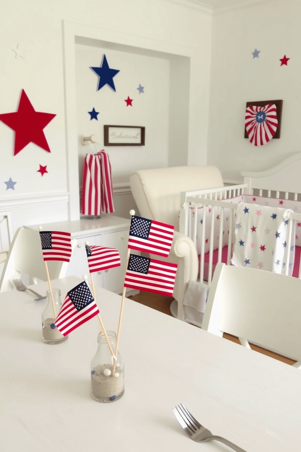 A charming table setting featuring miniature flag centerpieces that bring a festive touch to the decor. The flags are arranged in small glass vases filled with sand, creating a patriotic atmosphere perfect for Memorial Day celebrations. A cozy nursery designed with a Memorial Day theme, incorporating soft red, white, and blue accents throughout the space. The walls are adorned with playful star patterns, and a comfortable rocking chair is positioned near a crib decorated with themed bedding.