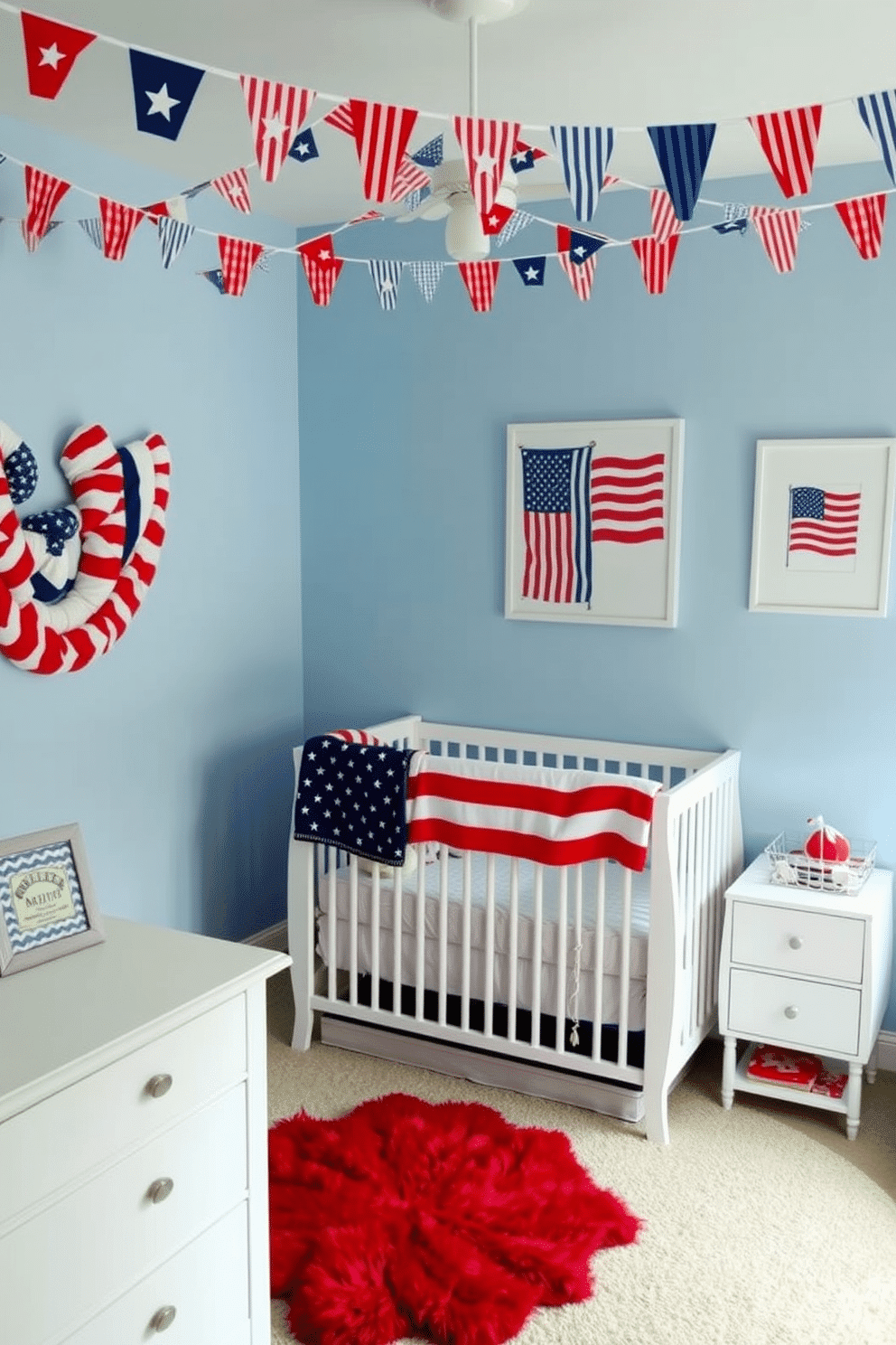 A festive nursery decorated for Memorial Day features bunting with patriotic colors and patterns. The walls are adorned with soft blue paint, and the crib is draped with a red and white striped blanket for a cozy touch. Colorful bunting hangs from the ceiling, showcasing stars and stripes in vibrant hues. A plush area rug in red anchors the space, while framed art of American flags adds a charming focal point.