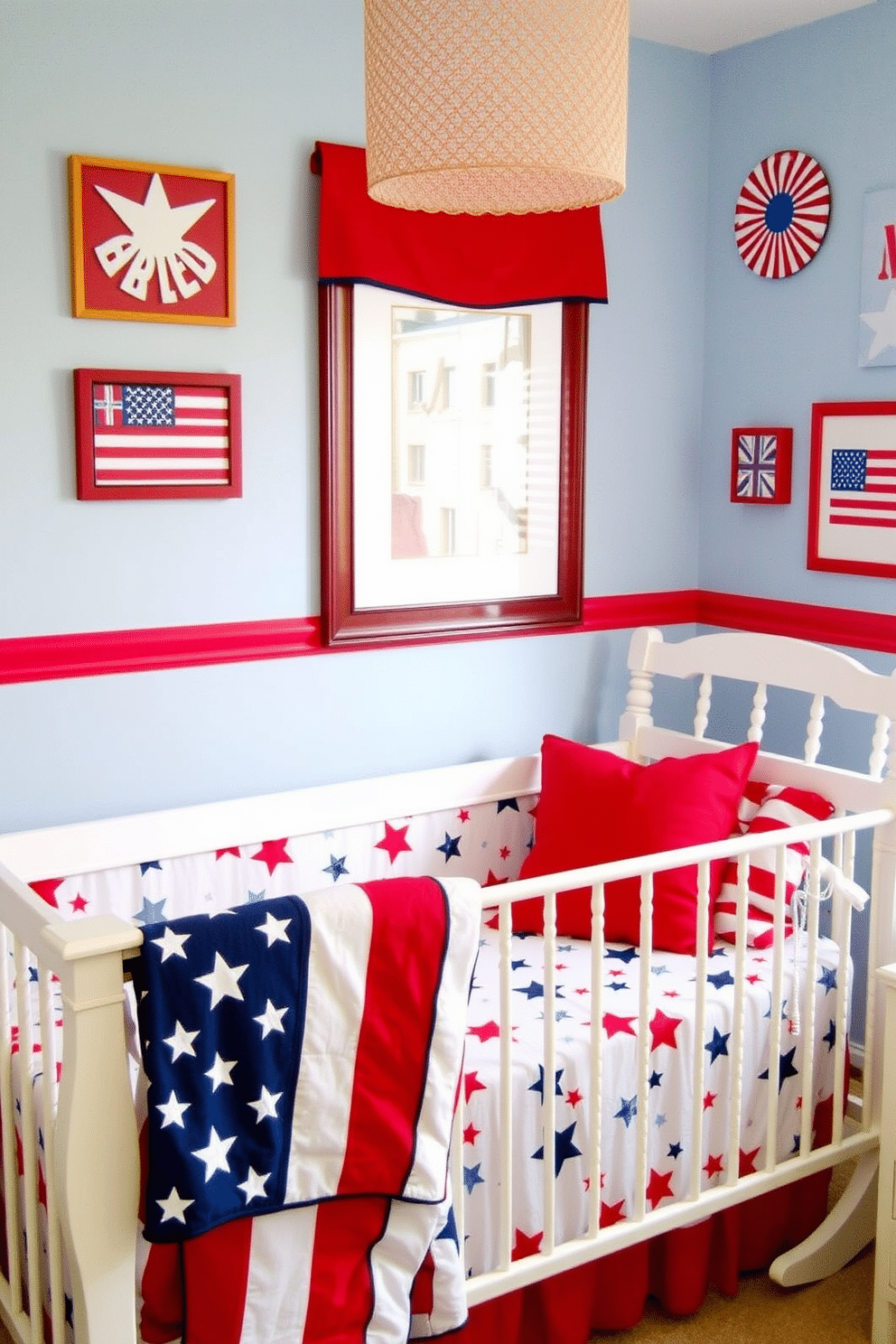 Red white blue themed bedding sets. The bedding features a vibrant pattern with stars and stripes, complemented by plush red and white accent pillows. Memorial Day Nursery Decorating Ideas. The nursery is adorned with soft blue walls, decorated with patriotic-themed wall art and a cozy red rocking chair in the corner.