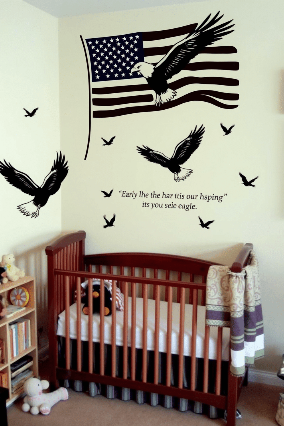 A nursery adorned with eagle and flag wall decals creates a patriotic and inspiring atmosphere. The walls are painted in soft pastel colors, providing a warm and inviting backdrop for the decals. The crib is positioned against the wall, surrounded by plush toys and a cozy blanket. A small bookshelf filled with children's books and decorative items adds charm and functionality to the space.