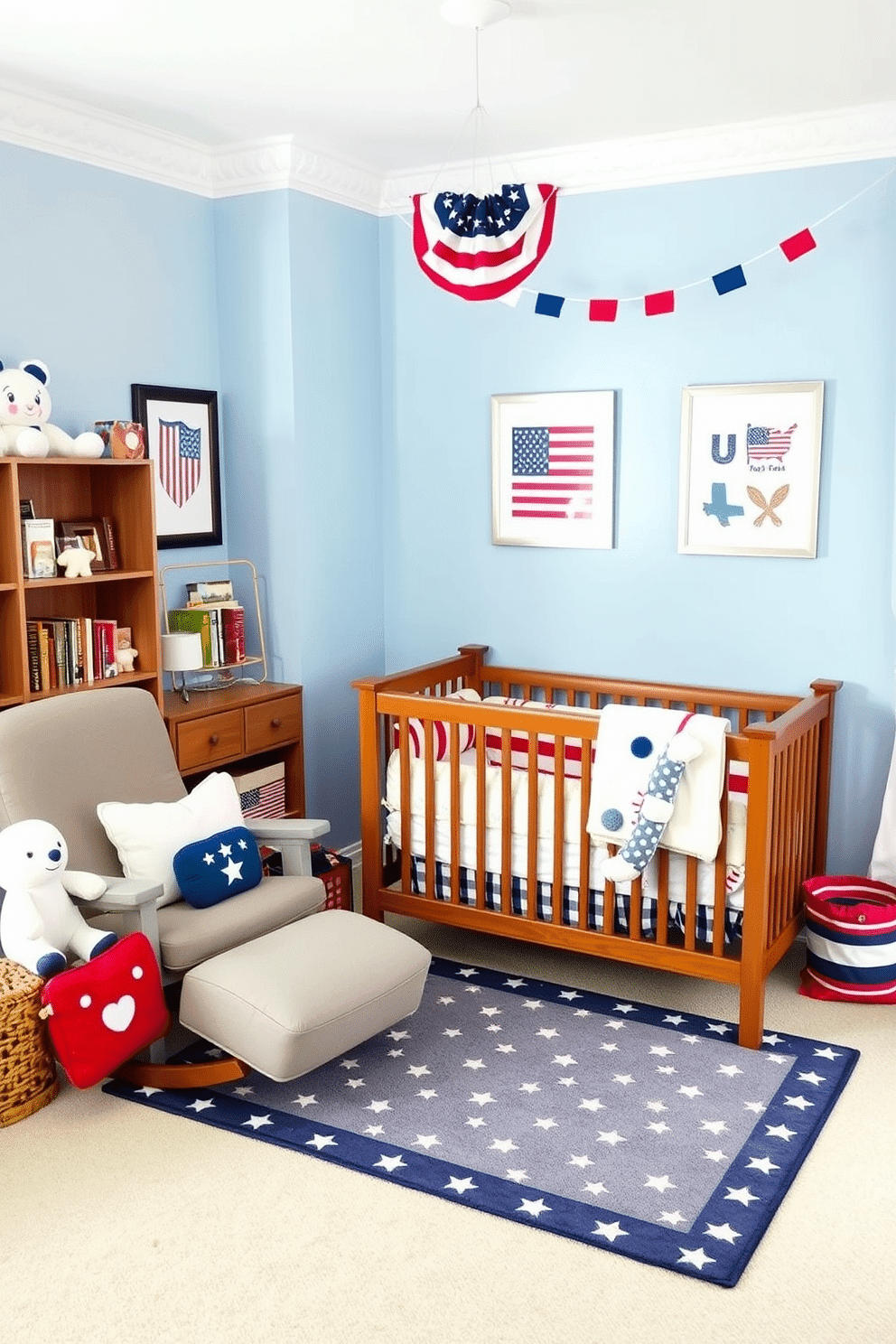 Create a cozy nursery decorated with patriotic themed plush toys and pillows. The room features a soft blue color palette with white accents, and a comfortable rocking chair is placed in the corner next to a wooden crib adorned with red, white, and blue bedding. Incorporate a playful area rug with stars and stripes on the floor, while the walls are decorated with framed artwork of iconic American symbols. A small bookshelf holds a collection of children's books, and a decorative bunting in patriotic colors hangs above the crib for a festive touch.