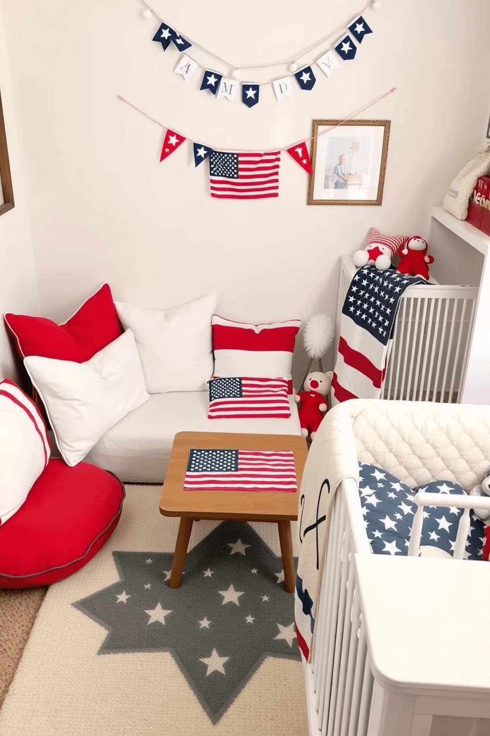 A cozy Memorial Day themed story corner. There are plush cushions in red white and blue arranged around a small wooden table decorated with stars and stripes. The walls are adorned with framed patriotic artwork and bunting. A soft rug in a star pattern lies beneath the table creating a welcoming space for reading and storytelling. For the Memorial Day nursery decorating ideas, the crib is draped with a light quilt featuring an American flag motif. Soft toys in red white and blue colors are placed on a shelf adding a festive touch to the room.