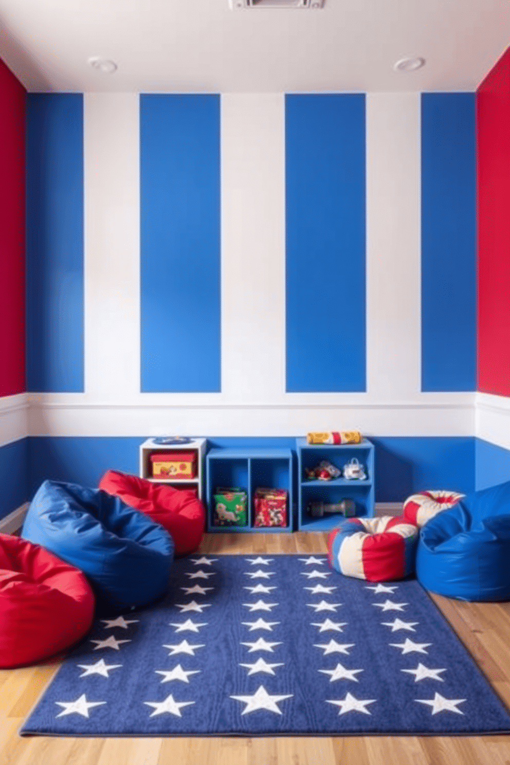 A vibrant playroom filled with energy and creativity. The walls are painted in alternating stripes of red, white, and blue, creating a festive atmosphere. Colorful bean bags in red and blue are scattered around the room for comfortable seating. A large area rug features stars and stripes, adding a playful touch to the space.