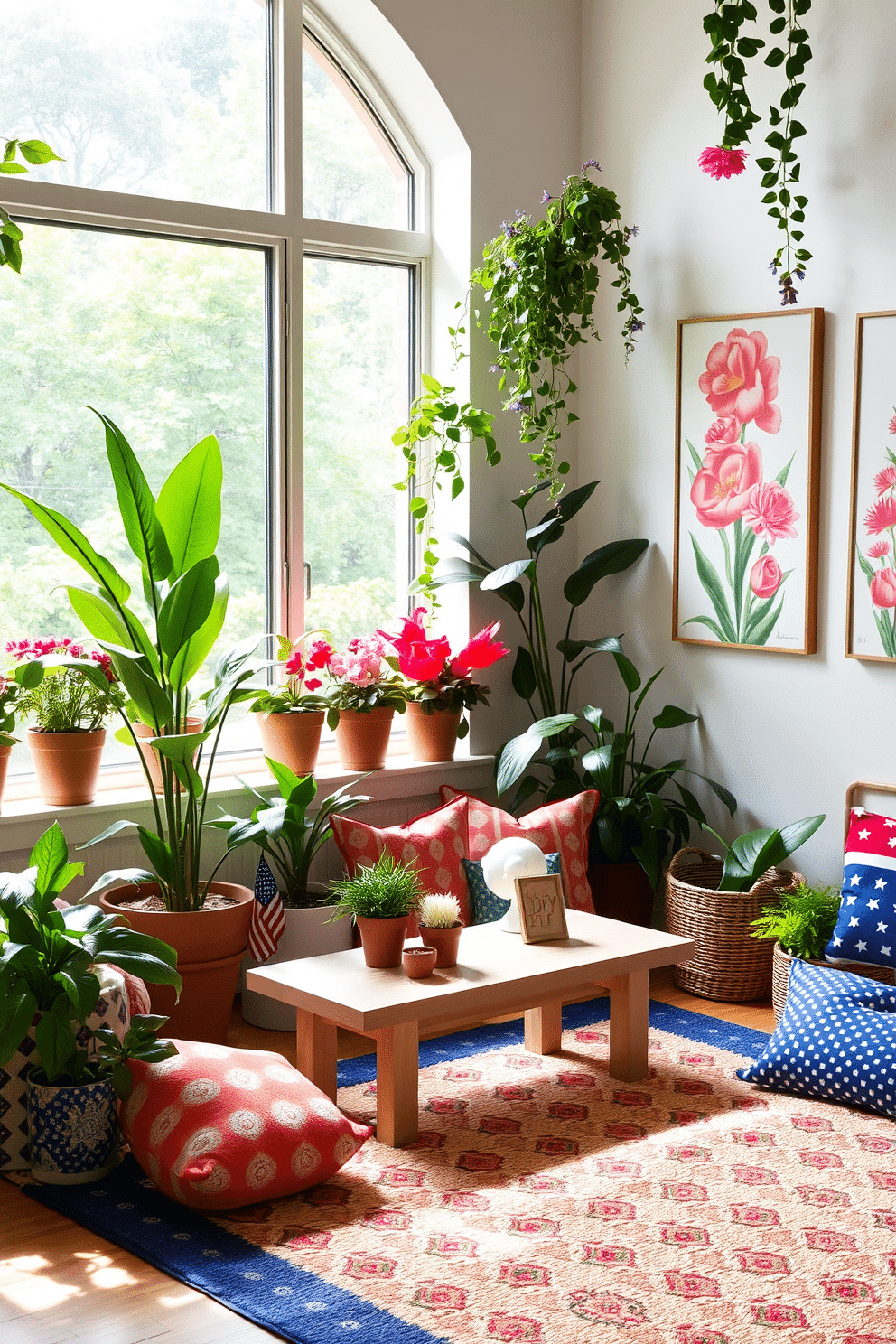 A nature-inspired decor setting filled with vibrant flowers and lush greenery. The room features a large window that allows natural light to flood in, highlighting the botanical prints on the walls and the potted plants placed strategically around the space. For a Memorial Day playroom, the decor incorporates red, white, and blue accents with playful patterns. The area is furnished with a cozy rug and soft seating, creating a festive atmosphere for children to enjoy games and activities.