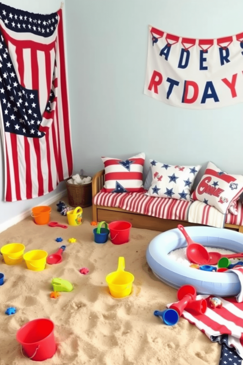 A sandy beach corner filled with colorful beach toys creates a fun and inviting atmosphere. Brightly colored buckets and shovels are scattered around, while a small inflatable pool sits nearby, surrounded by beach towels. Memorial Day playroom decorating ideas include red, white, and blue accents throughout the space. A large banner with patriotic themes hangs on the wall, and themed cushions are arranged on a cozy reading nook.