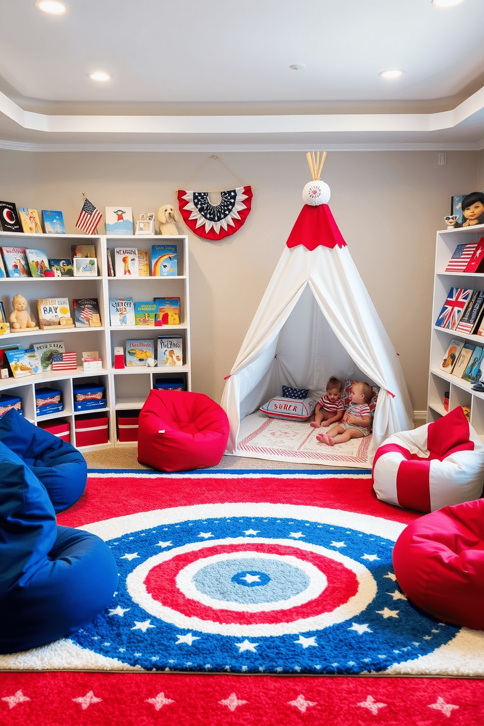 A cozy playroom designed for Memorial Day celebrations. The room features a large, soft area rug in red, white, and blue, with colorful bean bags scattered around for seating. Shelves are lined with seasonal books about Memorial Day, displayed alongside patriotic decorations like small flags and themed artwork. A playful tent in the corner invites children to read and relax, enhancing the festive atmosphere.