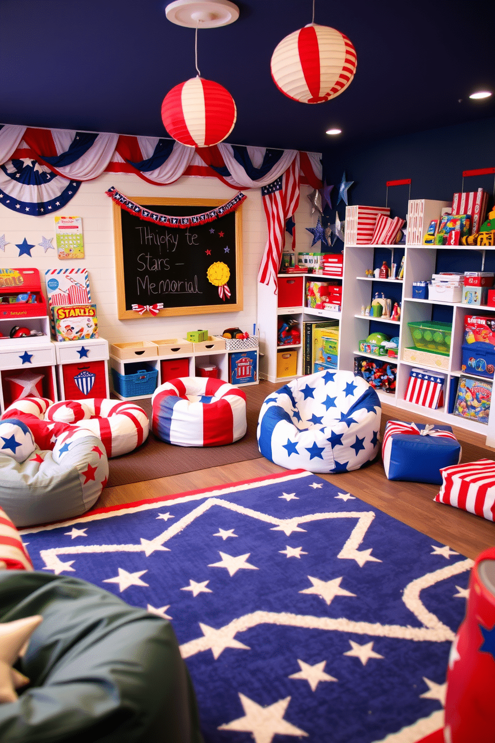 A vibrant playroom filled with fun games featuring stars and stripes. The walls are adorned with red, white, and blue accents, and a large area rug displays a playful star pattern. Colorful bean bags and cushions are scattered around for seating, creating a cozy atmosphere. A chalkboard wall invites creativity, while shelves hold various games and toys celebrating the spirit of Memorial Day.