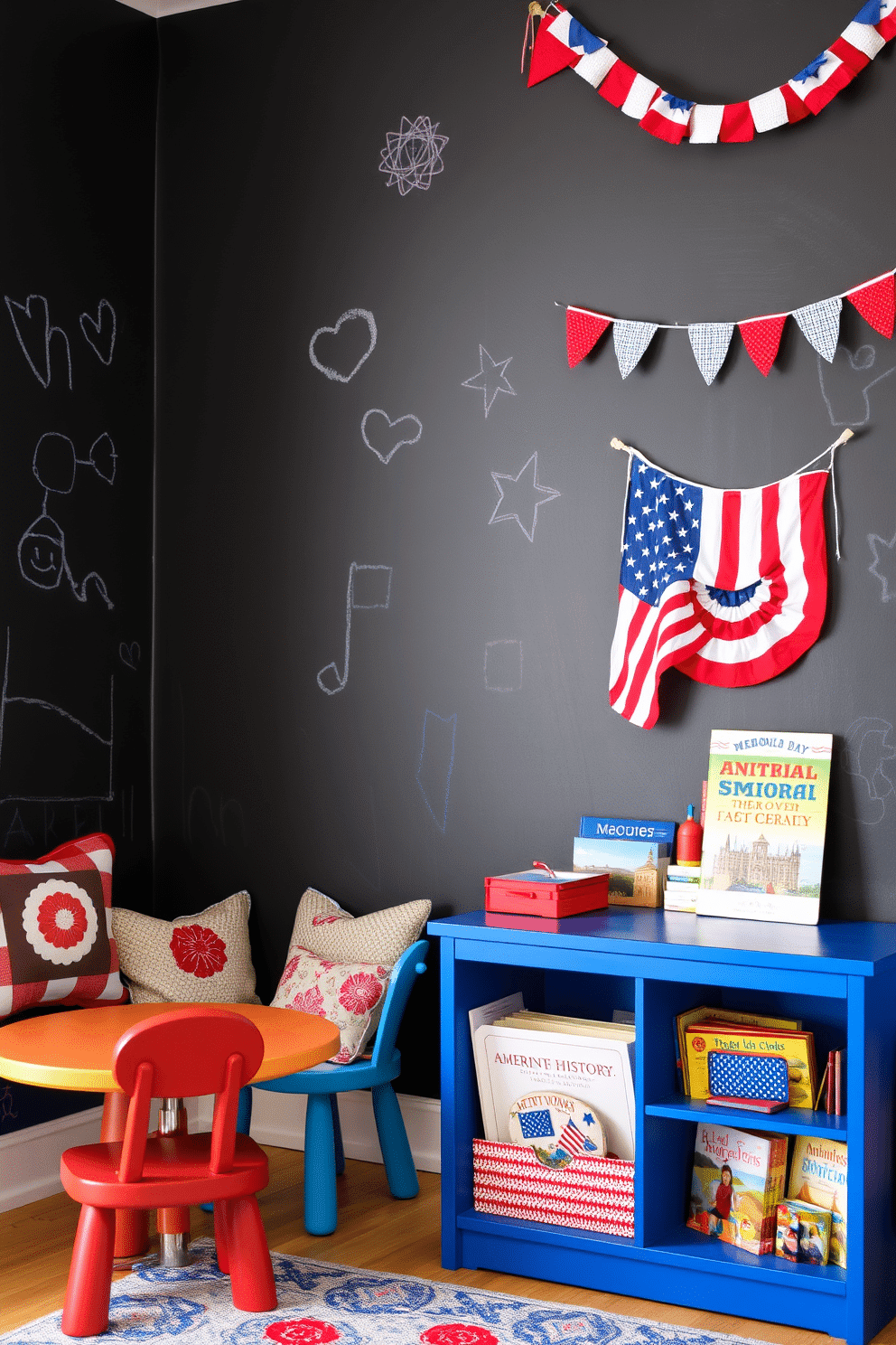 A chalkboard wall stretches across one side of the playroom, inviting children to unleash their creativity with colorful chalk drawings. Brightly colored furniture and playful decor elements complement the wall, creating an inspiring and fun environment. For Memorial Day, the playroom is adorned with red, white, and blue decorations, including themed bunting and patriotic cushions. A cozy reading nook features a small bookshelf filled with stories about American history, encouraging learning through play.