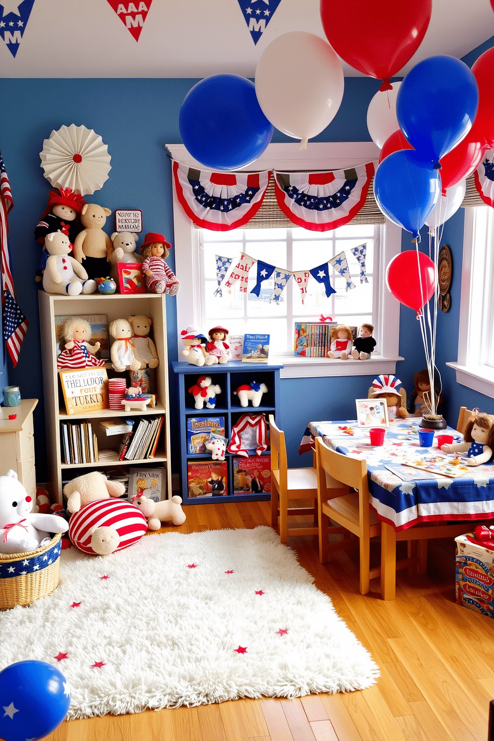 Create a vibrant playroom filled with patriotic themed stuffed animals and dolls. The walls are adorned with red, white, and blue decorations, and a cozy reading nook features a plush rug and a selection of books about American history. In one corner, a display shelf showcases a collection of dolls dressed in traditional American attire. The playroom also includes a craft table where children can create their own patriotic art projects, surrounded by colorful bunting and star-shaped balloons.