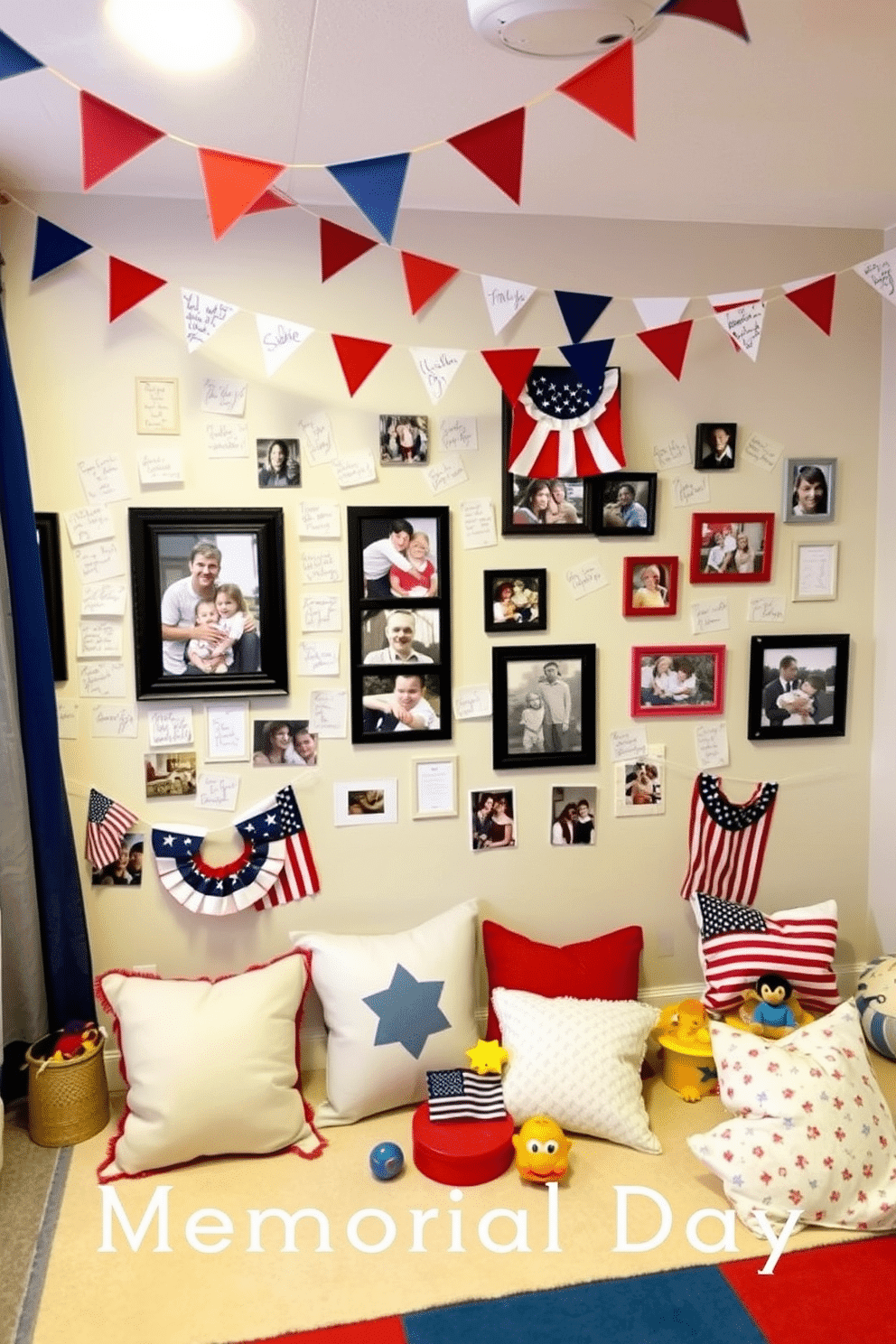 A memory wall adorned with family photos and handwritten notes creates a warm and nostalgic atmosphere. The wall is painted in a soft pastel color, with a mix of framed pictures in various sizes and styles, showcasing cherished moments and memories. For Memorial Day, the playroom is decorated with red, white, and blue accents to celebrate the holiday. Colorful bunting hangs from the ceiling, and themed cushions and toys are arranged to create a festive, inviting space for children to play and enjoy.