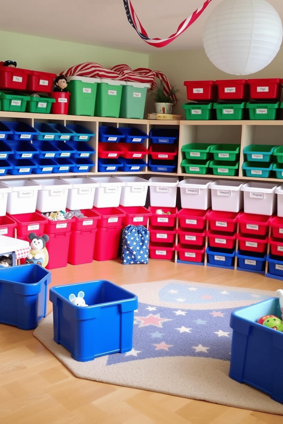 A vibrant playroom filled with colorful storage bins in festive colors arranged neatly along the walls. Each bin is labeled for easy organization, creating a cheerful and inviting atmosphere for children to play and explore. The room features playful decor inspired by Memorial Day, with red, white, and blue accents throughout. A large area rug with stars and stripes anchors the space, providing a comfortable area for kids to gather and enjoy their activities.