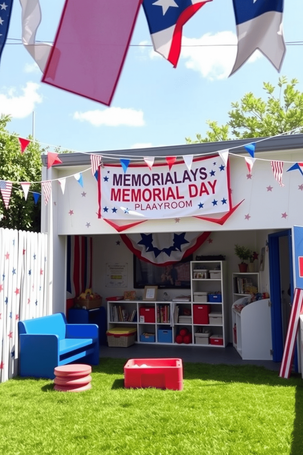 A vibrant outdoor play area filled with colorful flags and banners fluttering in the breeze. The space features a soft grass surface, with playful seating arrangements and a small sandbox for children to enjoy. A festive Memorial Day themed playroom decorated with red, white, and blue accents. The walls are adorned with star and stripe patterns, and a large banner celebrating the holiday hangs above a cozy reading nook.