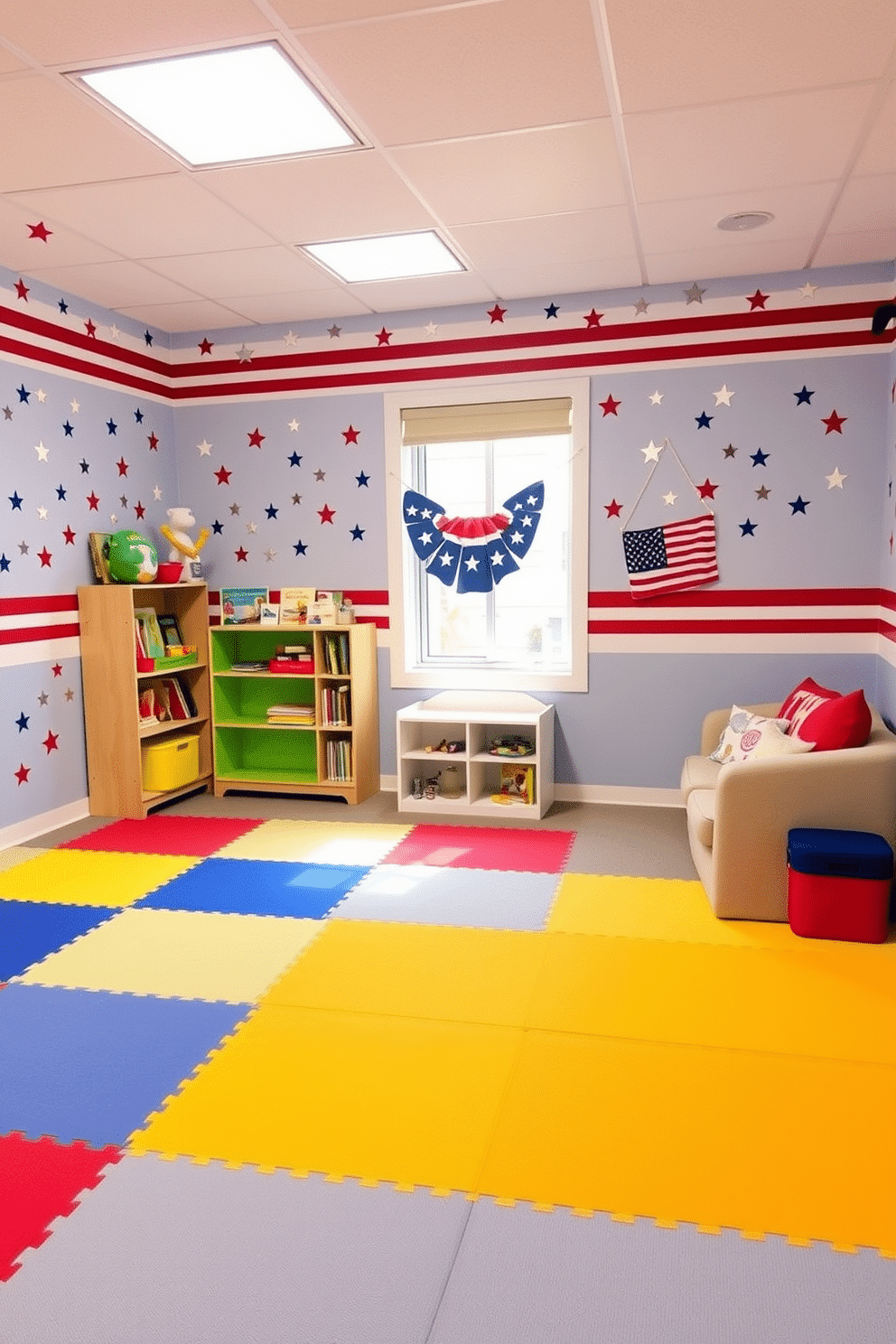 A vibrant playroom filled with joy and creativity. The walls are adorned with patriotic star and stripe wall decals in red, white, and blue, celebrating the spirit of Memorial Day. Colorful play mats cover the floor, providing a soft area for children to play. A cozy reading nook features a small bookshelf filled with patriotic-themed books and plush seating.