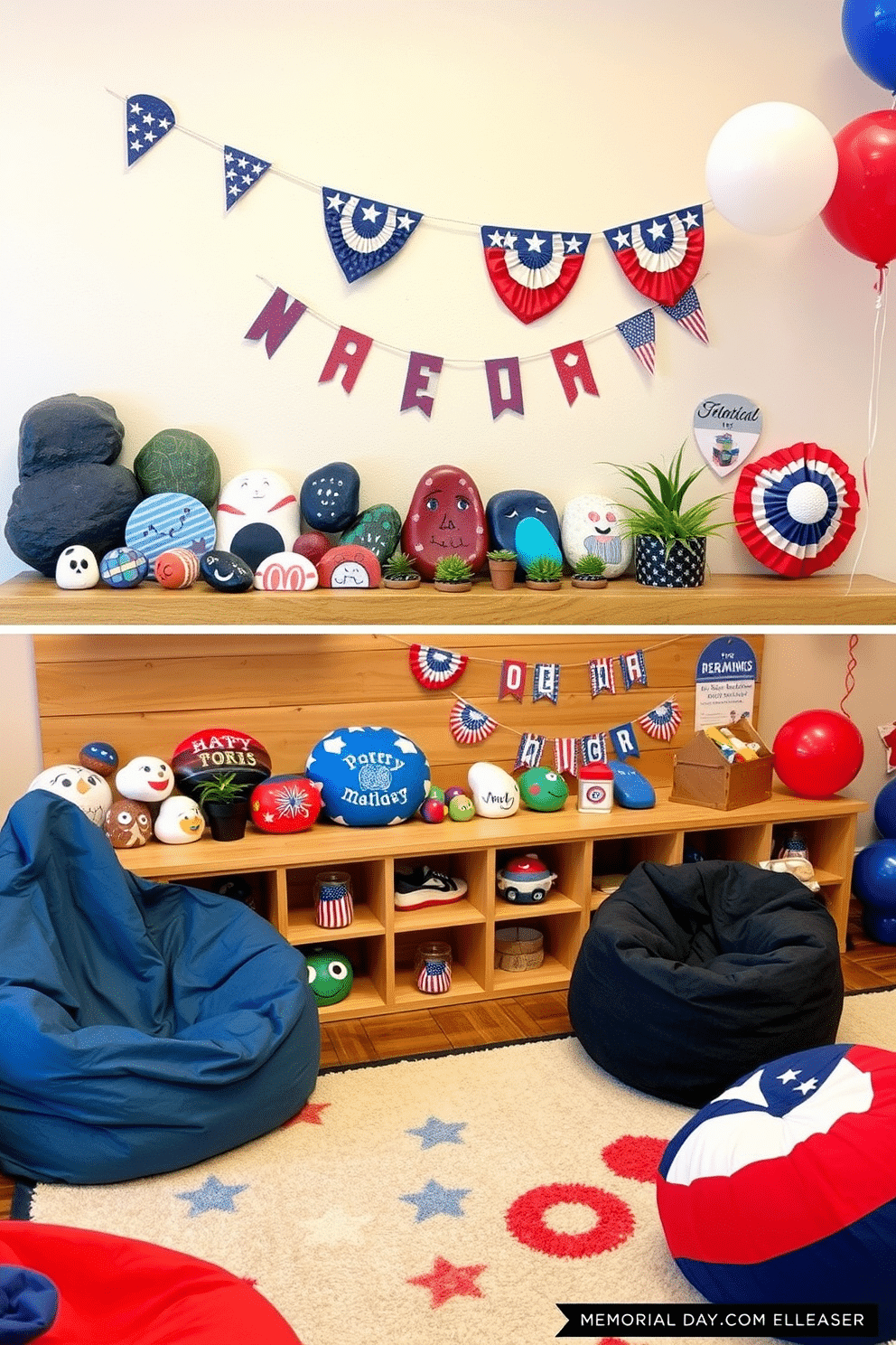 A collection of beautifully painted rocks in various colors and patterns arranged artistically on a wooden shelf. These decorative rocks are placed alongside small potted plants, creating a vibrant and cheerful atmosphere. A playful playroom designed for Memorial Day celebrations, featuring red, white, and blue decorations throughout the space. Colorful bean bags and a large rug provide comfortable seating, while festive banners and balloons add a fun touch to the room.