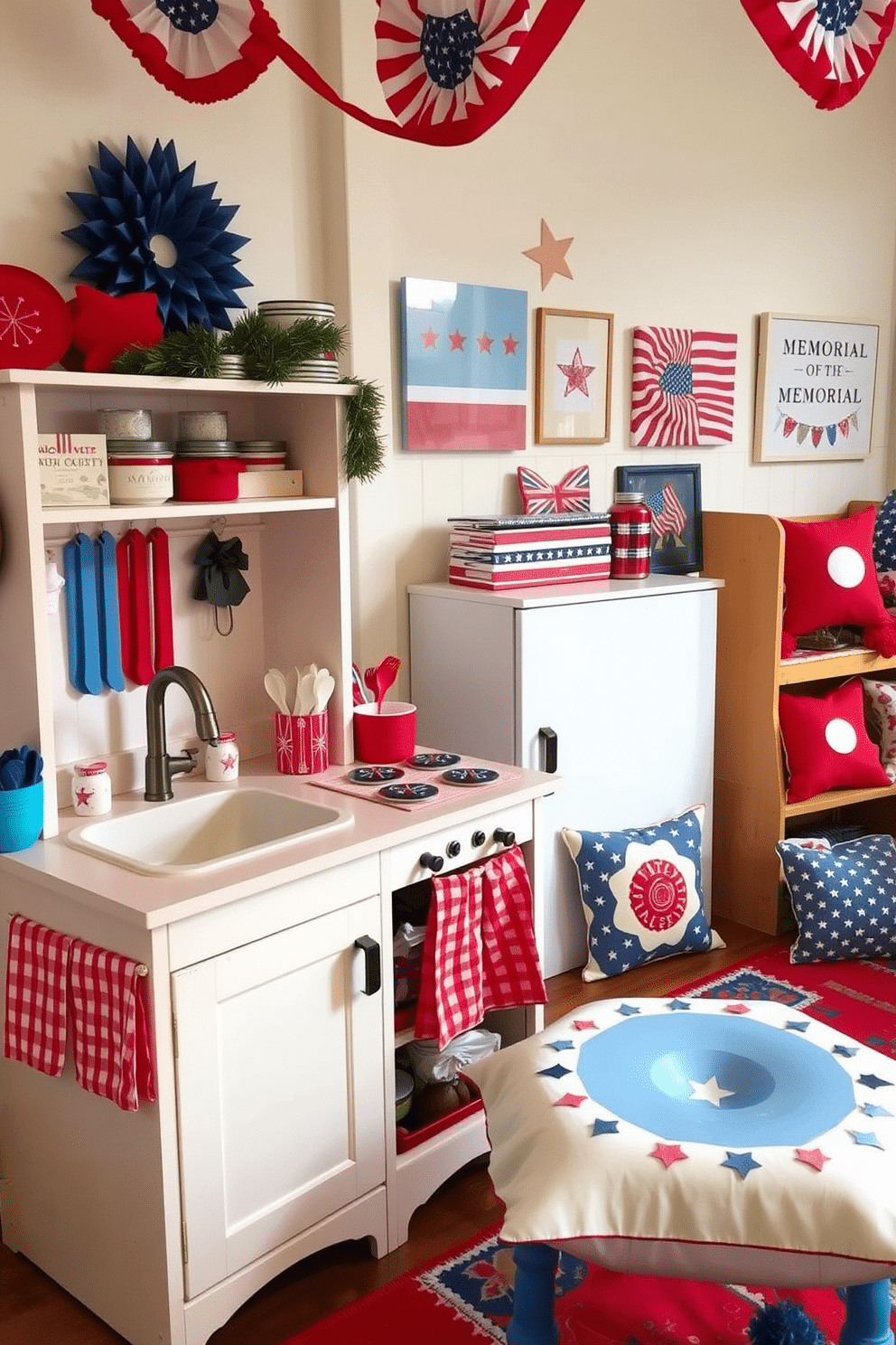 A charming play kitchen adorned with holiday-themed accessories. The countertops are decorated with festive tableware and colorful utensils, creating a joyful atmosphere for imaginative play. A vibrant playroom filled with Memorial Day decorations. Red, white, and blue accents are featured throughout, including themed cushions and wall art that celebrate the holiday spirit.