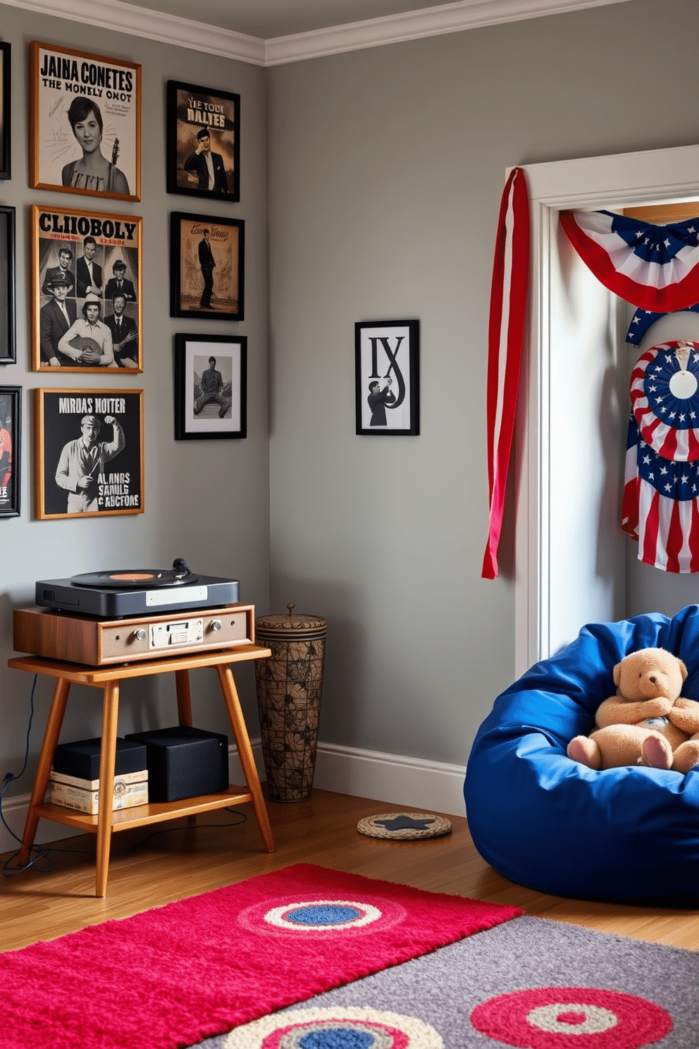 A cozy music corner featuring a stylish record player on a mid-century modern stand. The walls are adorned with framed album covers, and a comfortable bean bag chair invites relaxation while listening to a patriotic songs playlist. A vibrant playroom designed for Memorial Day celebrations, complete with red, white, and blue decorations. Soft, colorful rugs provide a playful space for children to enjoy games and crafts while celebrating the holiday.