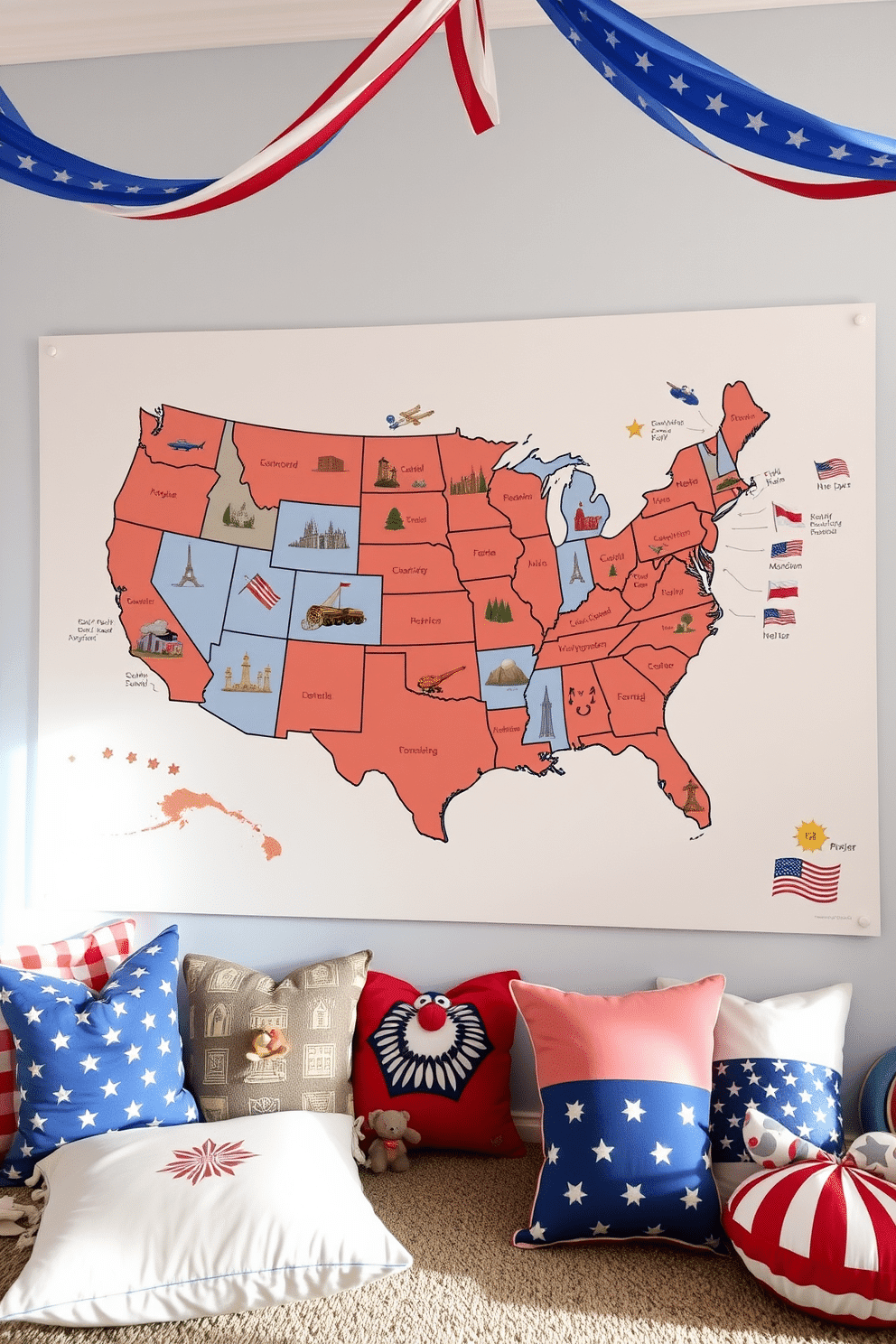 A detailed interactive map of the USA showcasing each state's unique landmarks and cultural highlights. The map features vibrant colors and engaging icons to enhance the learning experience for children and adults alike. A playful and inviting playroom designed for Memorial Day celebrations. The space includes red white and blue decorations with themed cushions and toys to create a festive atmosphere.