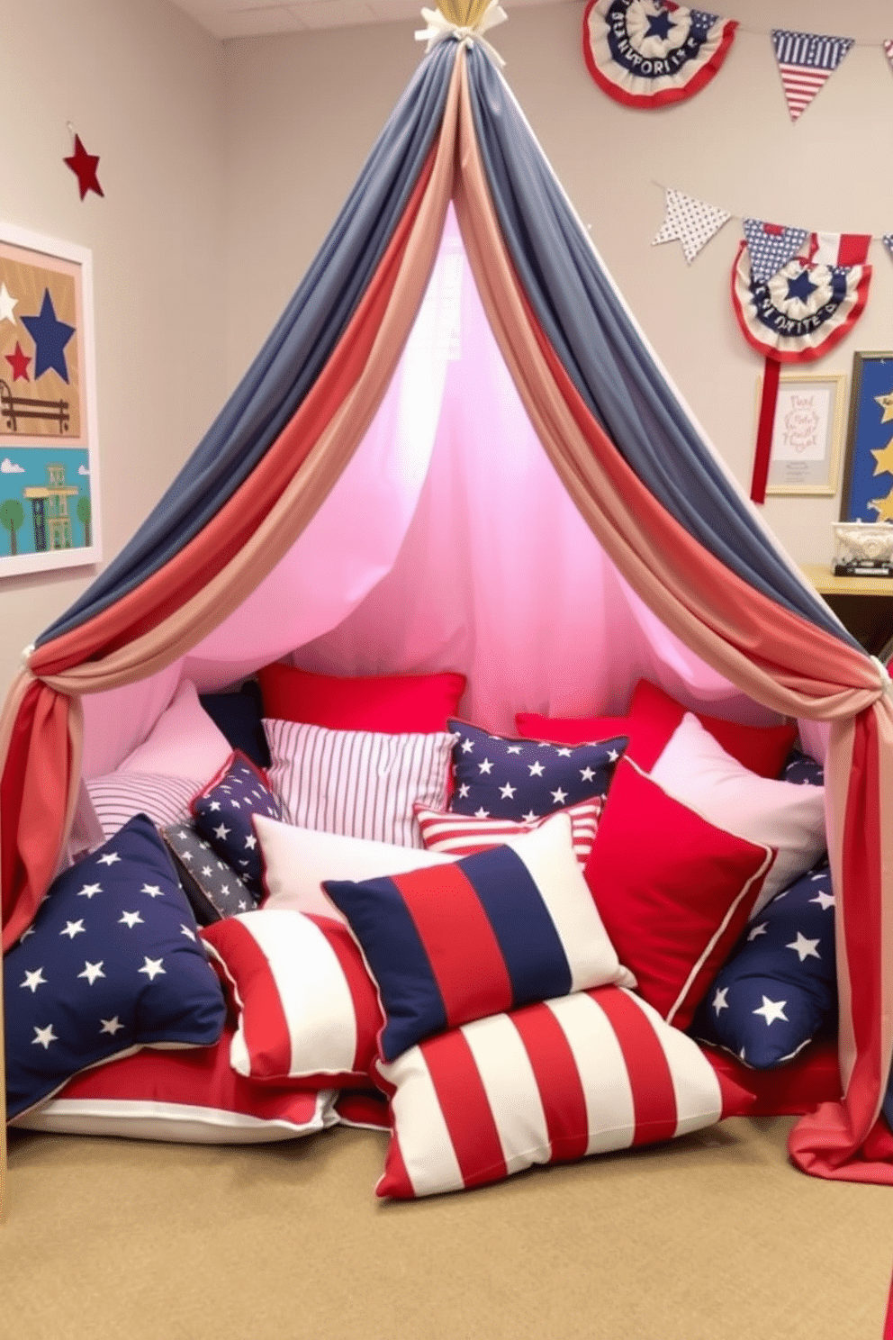 Create a cozy pillow fort area filled with an assortment of red, white, and blue pillows. The fort is draped with lightweight fabric, creating a whimsical and inviting space for children to play and relax. Incorporate festive Memorial Day decorations throughout the playroom, including stars and stripes motifs. Add playful elements like themed artwork and banners to enhance the celebratory atmosphere.