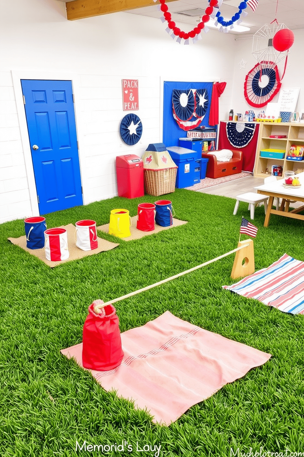 A vibrant outdoor games area featuring colorful sack races and an exciting tug of war setup. The grass is lush and green, with picnic blankets and cheerful decorations creating a festive atmosphere. A playful playroom designed for Memorial Day, adorned with red, white, and blue decorations. The space includes themed toys and comfortable seating, inviting children to enjoy their time while celebrating the holiday.