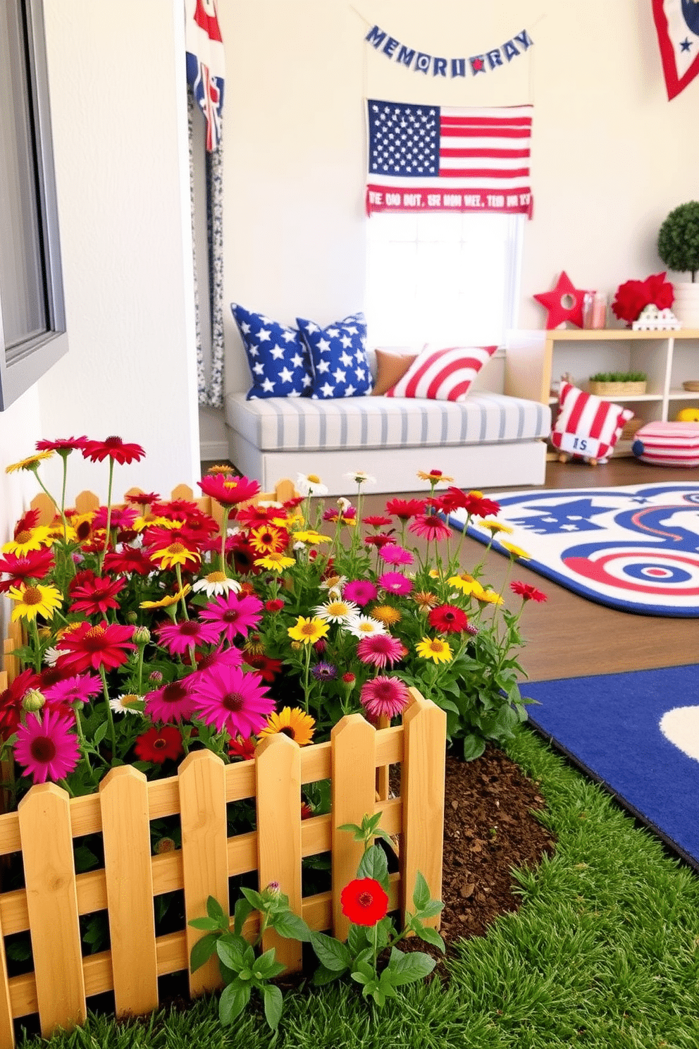 A miniature garden filled with vibrant American flowers. The space features a small wooden fence enclosing colorful blooms like coneflowers and black-eyed Susans, creating a cheerful and inviting atmosphere. A playful playroom decorated for Memorial Day. The room showcases red, white, and blue accents with star-patterned cushions and a themed rug, celebrating the holiday in a fun and engaging way for children.