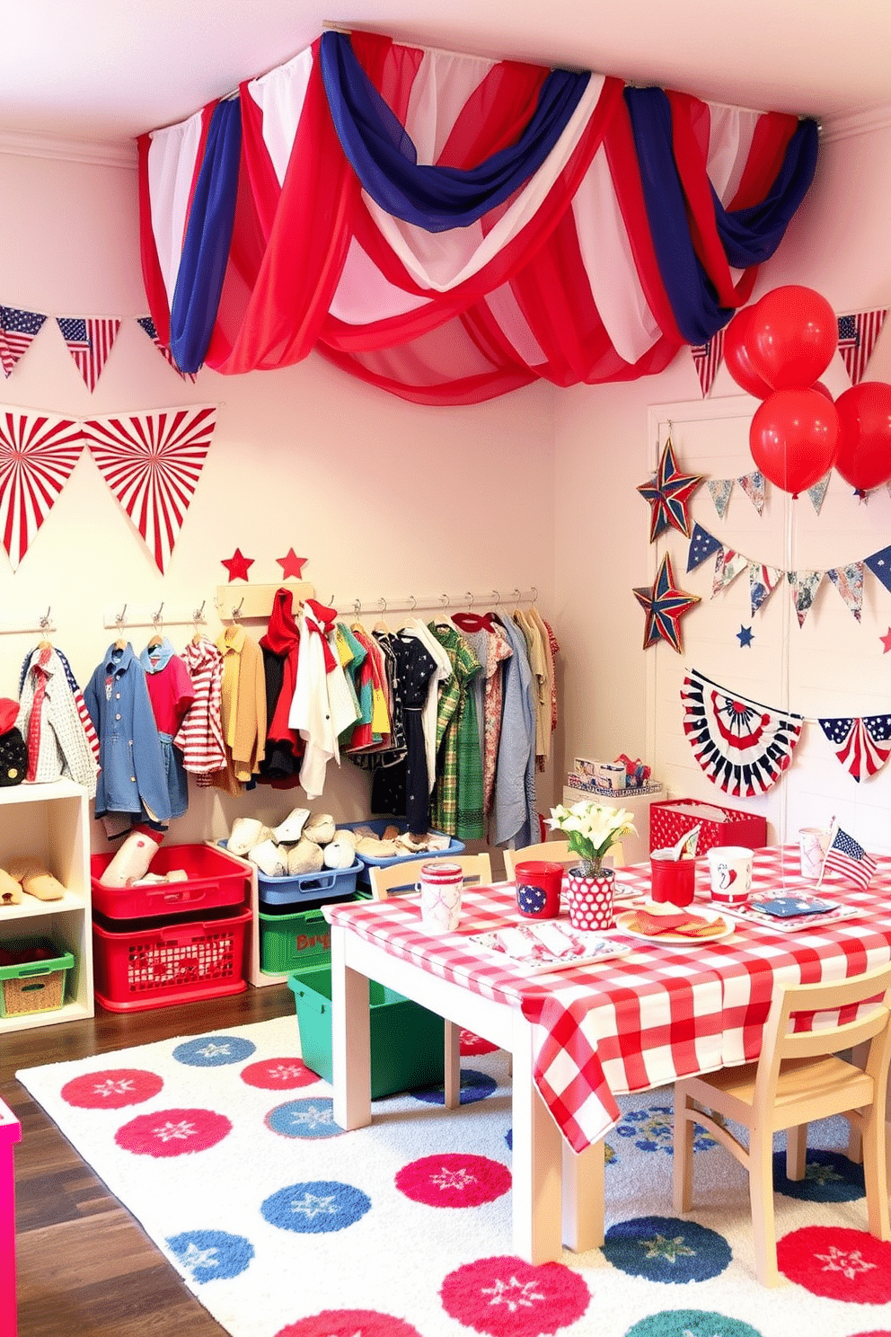 A themed dress-up corner for imaginative play. The area features a colorful canopy draped from the ceiling, creating an inviting space filled with costumes hung on decorative hooks. Brightly colored bins filled with accessories are placed nearby, encouraging creativity and exploration. A soft rug in vibrant patterns provides a comfortable spot for kids to sit and play. Memorial Day playroom decorating ideas. Red, white, and blue decorations adorn the walls, including banners and balloons that celebrate the holiday. A picnic-style table is set up in the corner with themed crafts and activities, inviting children to engage in fun, patriotic projects.