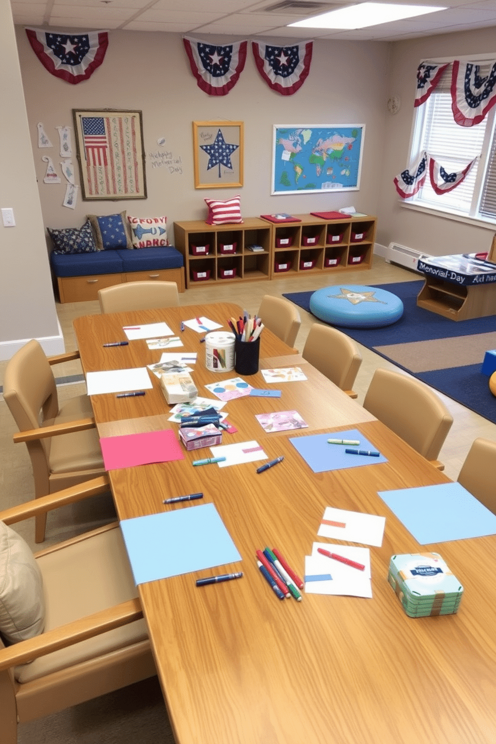 A cozy crafts station for making cards for veterans. The space features a large wooden table covered with colorful papers, markers, and craft supplies, surrounded by comfortable chairs. A vibrant playroom decorated for Memorial Day. The room includes red, white, and blue accents, with themed wall art, playful cushions, and a dedicated area for games and activities.