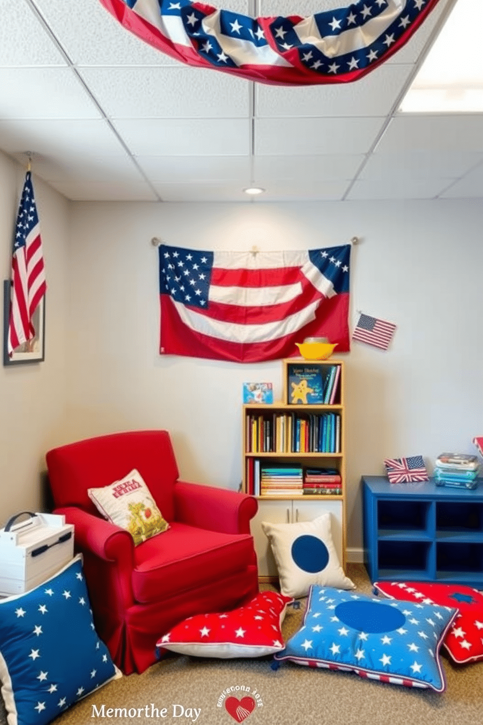 A cozy storytime nook adorned with patriotic books. The nook features a comfortable armchair upholstered in red fabric and a small wooden bookshelf filled with classic American literature. For Memorial Day, the playroom is decorated with red, white, and blue accents. A large banner hangs from the ceiling, and themed cushions are scattered across the floor for a festive touch.