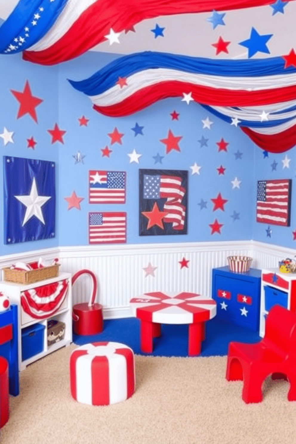 A vibrant playroom filled with DIY flag-themed art pieces. The walls are adorned with colorful, hand-painted flags and stars, creating a festive atmosphere for children to enjoy. Incorporate red, white, and blue accents throughout the space. Use playful furniture and accessories to enhance the Memorial Day theme while ensuring a fun and engaging environment for kids.