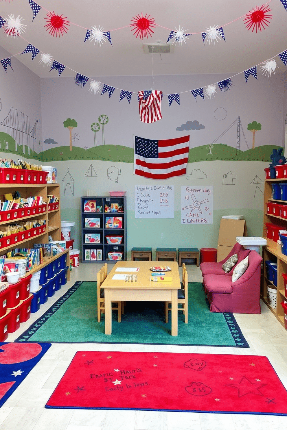 A vibrant playroom filled with art supplies displayed in red, white, and blue containers. The walls are adorned with playful murals, and colorful rugs create a warm and inviting atmosphere. In one corner, a large table is set up for creative activities, surrounded by comfortable seating. Festive decorations celebrate Memorial Day, adding a touch of patriotism to the cheerful space.