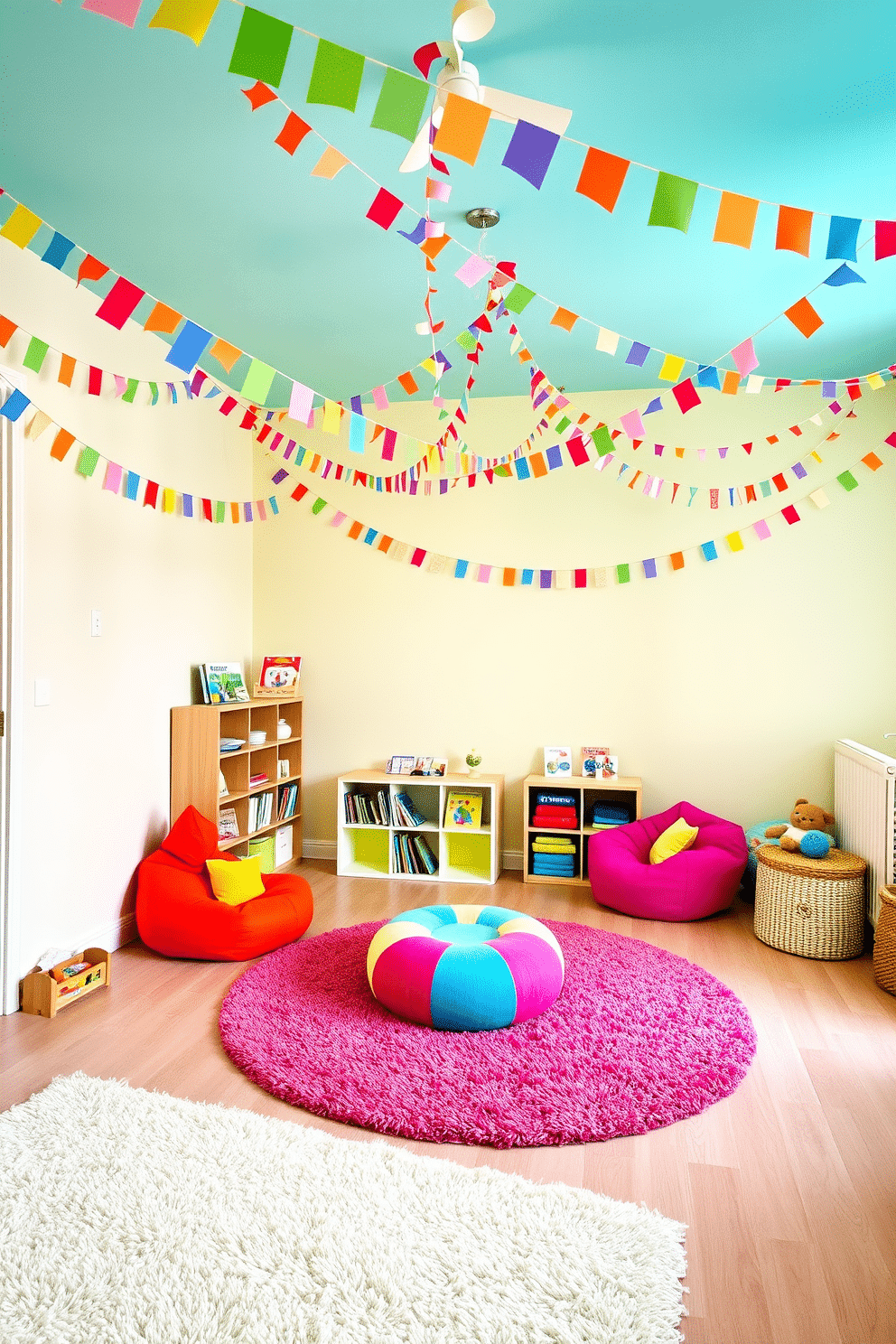 A vibrant playroom filled with festive bunting and colorful garlands hanging overhead creates a cheerful atmosphere. The walls are painted in a soft pastel hue, and plush rugs cover the floor, inviting children to play comfortably. A cozy reading nook is set up in one corner with a small bookshelf filled with children's books. Brightly colored bean bags and cushions provide seating, making it a perfect spot for storytime and relaxation.