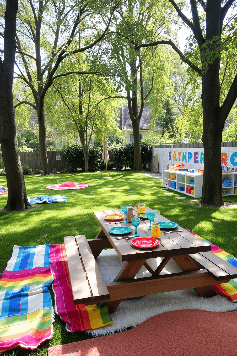 A cozy outdoor picnic area featuring colorful blankets spread across a lush green lawn. Surrounding the picnic setup are tall trees providing shade, with a rustic wooden picnic table adorned with vibrant plates and glasses. A playful and inviting playroom decorated with bright colors and whimsical patterns. The space includes a soft rug, shelves filled with toys, and wall art that sparks creativity and imagination.