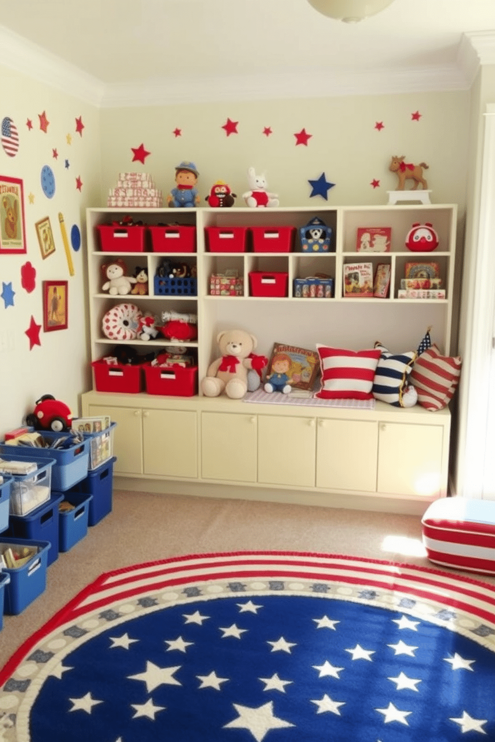 A vibrant playroom filled with themed toys in red, white, and blue. The walls are adorned with playful decals and the floor is covered with a soft area rug featuring stars and stripes. Colorful storage bins are neatly arranged, showcasing an array of plush toys and games. A cozy reading nook with patriotic cushions invites children to sit and enjoy their favorite books.