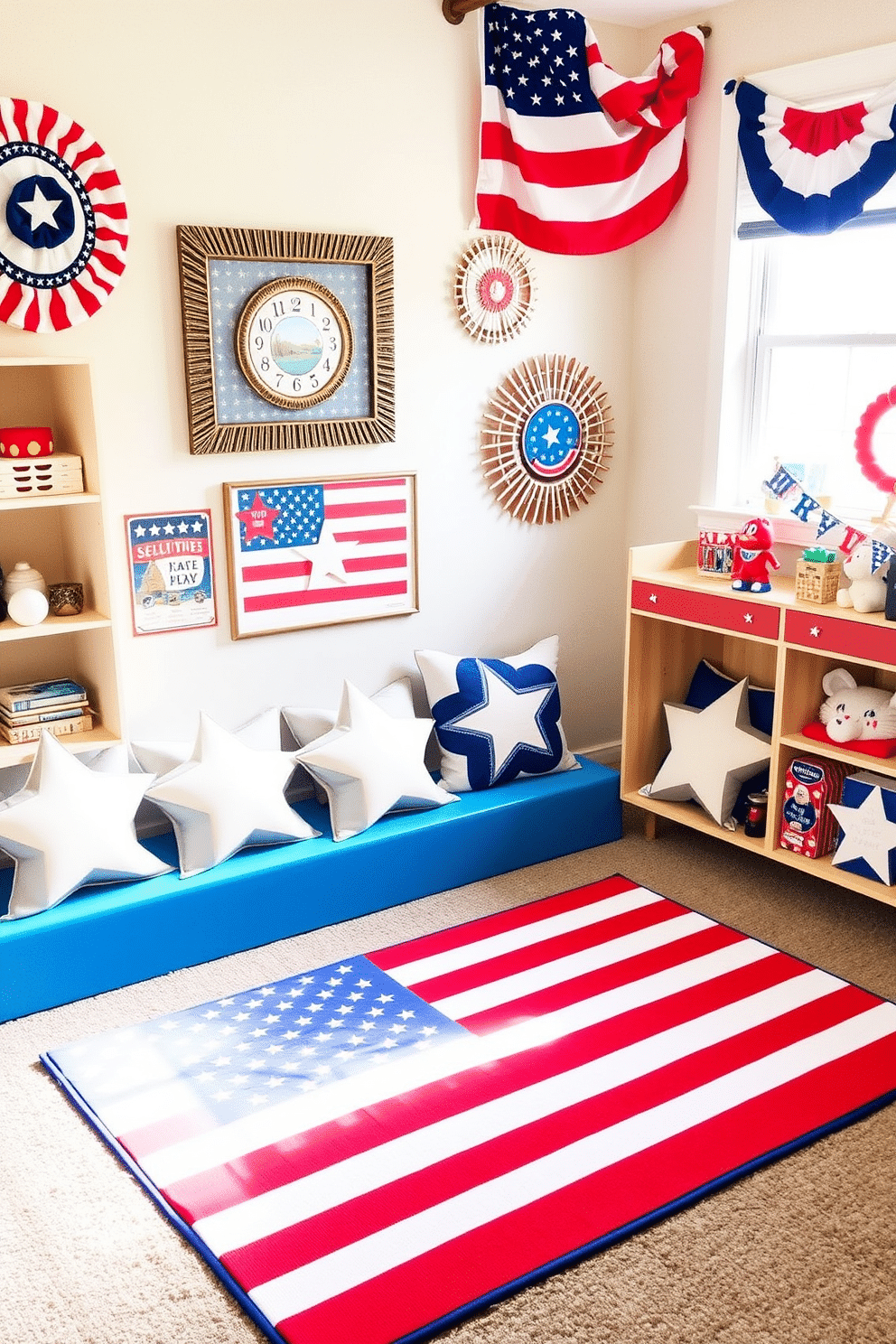 Create a vibrant playroom featuring an American flag play mat designed for kids. The play mat is colorful and engaging, surrounded by cheerful wall decor that celebrates patriotism and fun. Incorporate Memorial Day themes with red, white, and blue accents throughout the room. Include playful elements like star-shaped cushions and themed toys to create a festive atmosphere.