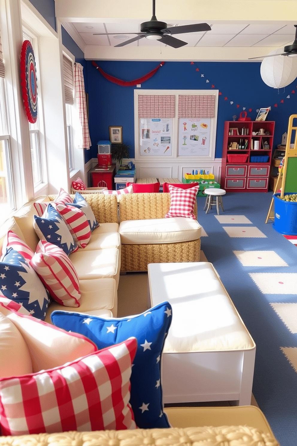 Cushioned seating adorned with vibrant patriotic cushions creates a warm and inviting atmosphere. The playful arrangement encourages relaxation and celebration, perfect for gathering with family and friends. The playroom features a cheerful color palette with red, white, and blue accents throughout. Fun, interactive elements like a craft station and games add to the festive spirit, making it an ideal space for Memorial Day festivities.