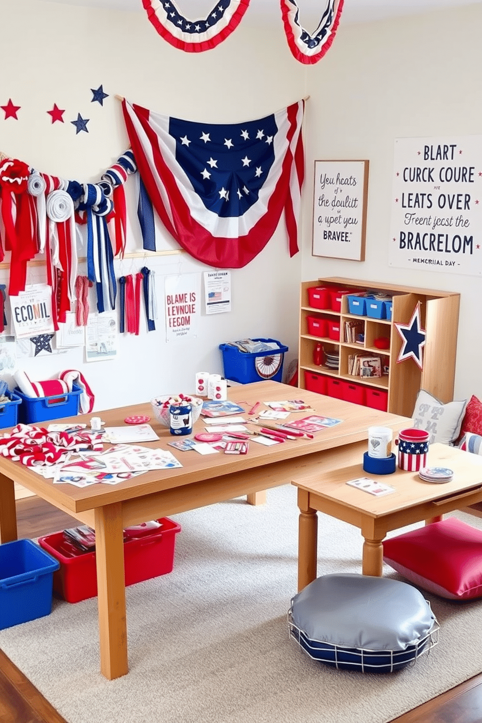 A vibrant craft station designed for Memorial Day projects. The space features a large wooden table covered with red white and blue craft supplies including ribbons stickers and paper. The walls are adorned with festive decorations such as stars and stripes banners. Brightly colored storage bins are neatly organized to hold various crafting materials and tools. A cozy playroom decorated for Memorial Day celebrations. The room includes a soft area rug with patriotic colors and playful cushions for seating. Wall art features fun quotes about freedom and bravery while a small table is set up for games and activities related to the holiday.