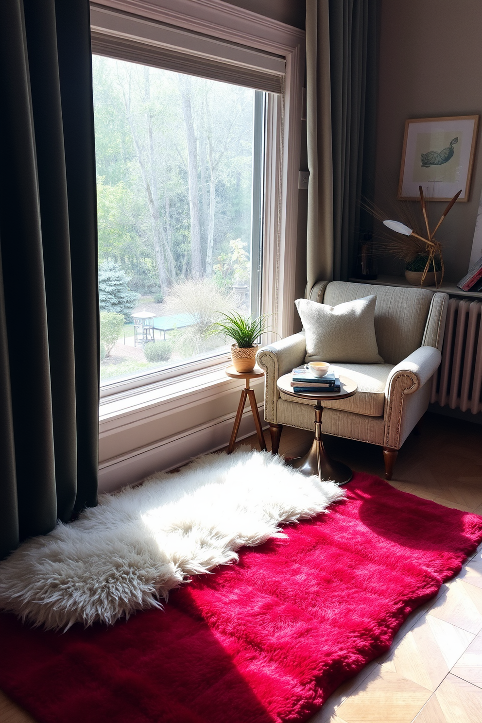 A cozy reading nook adorned with a soft area rug that invites relaxation. The space features a comfortable armchair positioned next to a large window, bathed in natural light, with a small side table holding a stack of books and a steaming cup of tea.