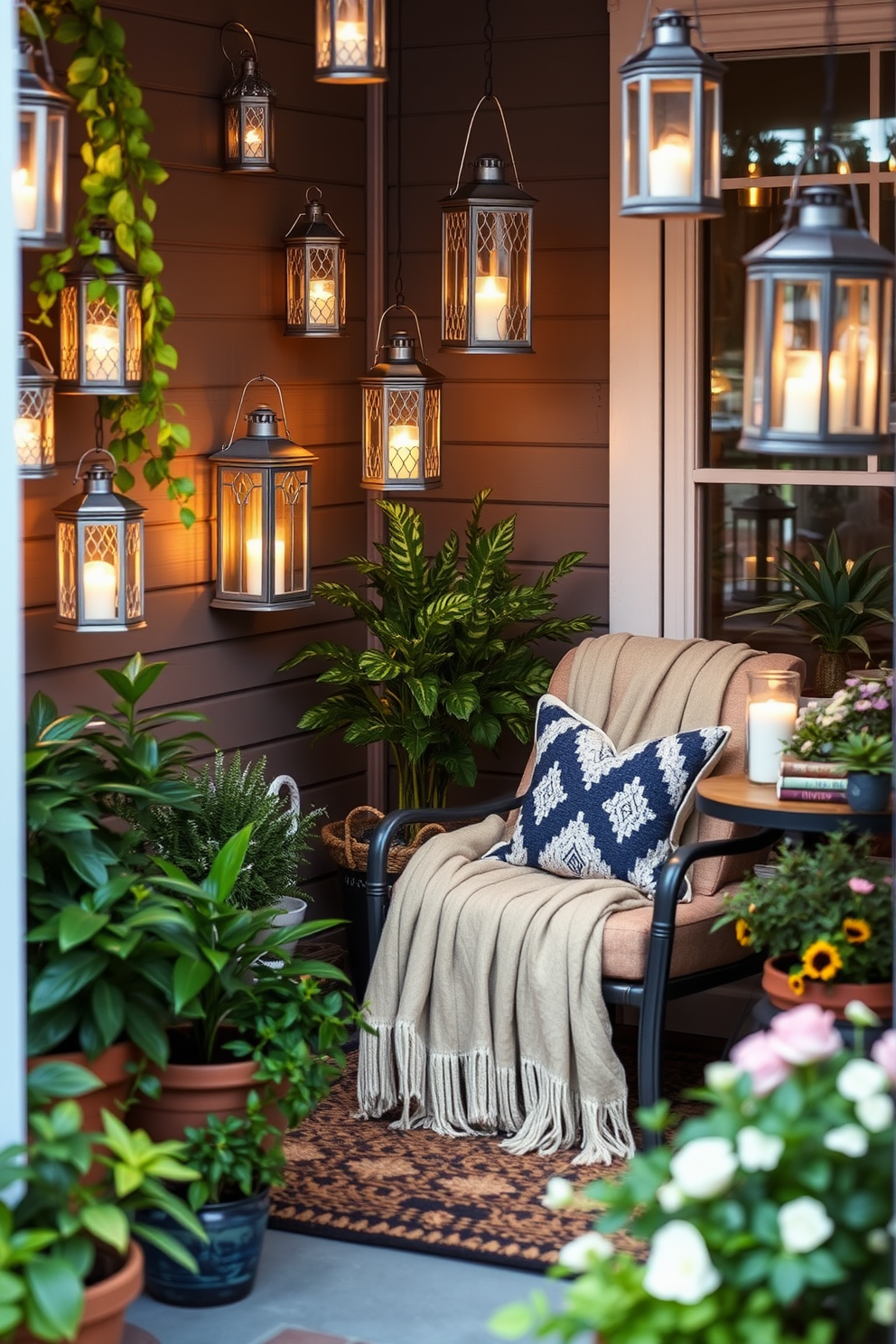 Create a cozy reading nook filled with decorative lanterns that cast a warm evening glow. The space features a comfortable armchair draped with a soft throw blanket and a small side table holding a stack of books. Surround the nook with potted plants to add a touch of nature and freshness. Use soft lighting to enhance the ambiance, making it an inviting spot for relaxation and reading during Memorial Day celebrations.