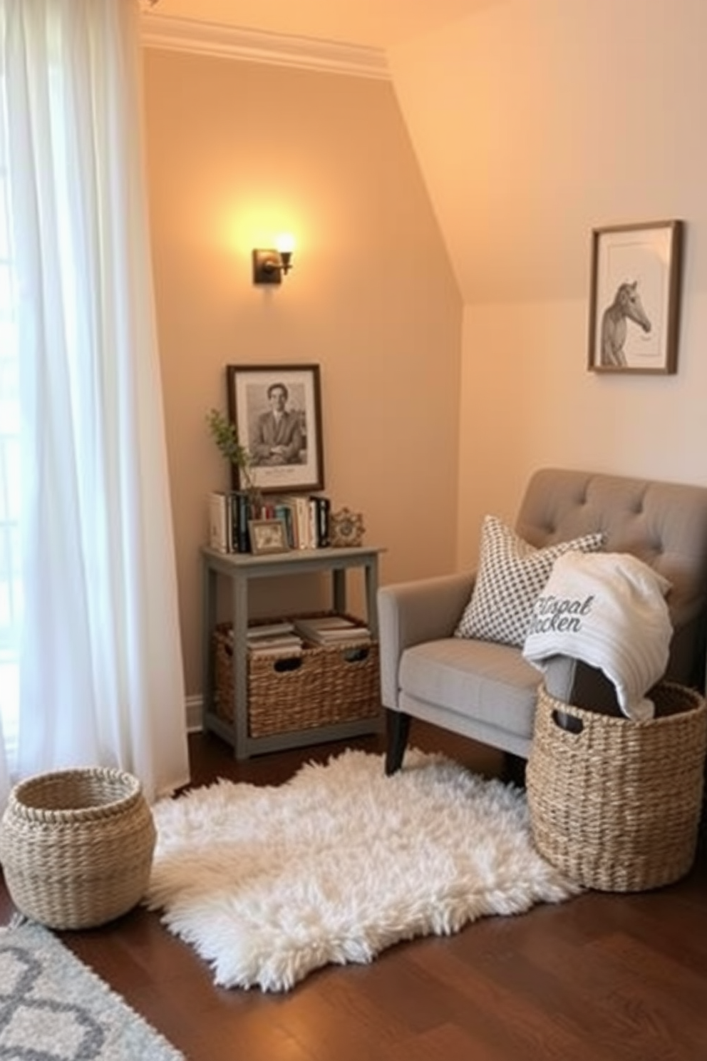 A cozy reading nook featuring woven baskets for storage solutions. The nook is adorned with a plush armchair, a small side table, and warm ambient lighting. Decorative woven baskets are neatly arranged beside the chair, holding books and blankets. A soft area rug anchors the space, adding texture and warmth to the overall design.