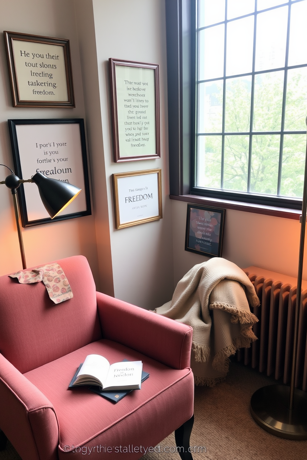 A cozy reading nook featuring a comfortable armchair upholstered in soft fabric, positioned next to a large window that lets in natural light. A small side table holds a steaming cup of tea and a stack of books, while a plush throw blanket is draped over the armchair. The walls are adorned with framed quotes about freedom, each in a unique frame that complements the decor. A floor lamp with a warm glow stands nearby, creating an inviting atmosphere for relaxation and reflection.