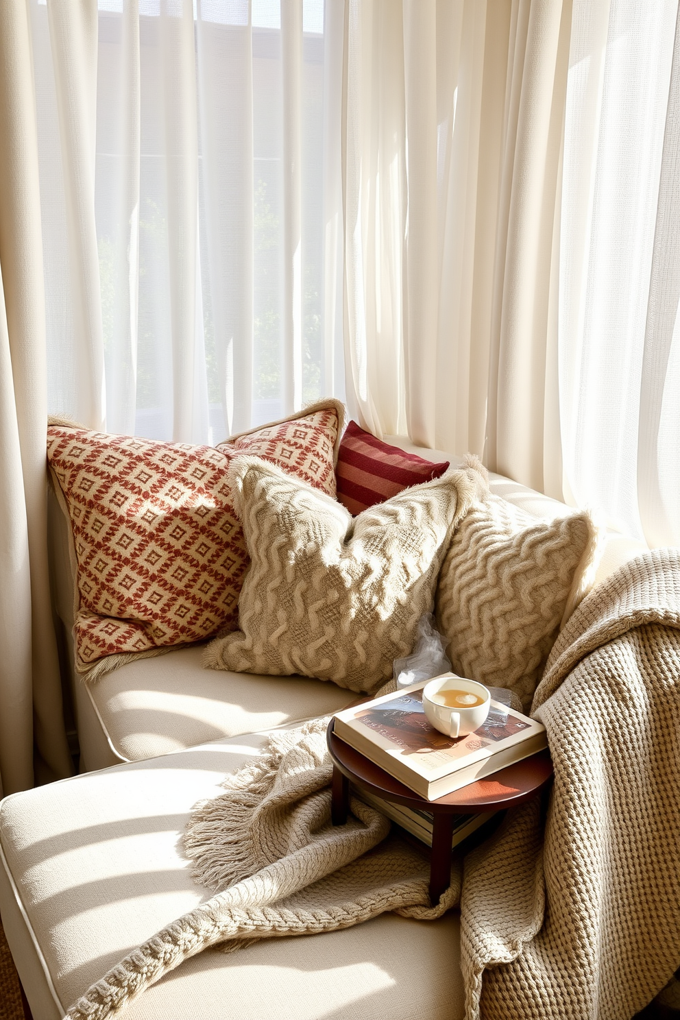 A cozy reading nook adorned with layered textures invites relaxation and comfort. Plush cushions in varying patterns and colors are arranged on a soft armchair, creating an inviting atmosphere. Natural light filters through sheer curtains, illuminating a small side table stacked with books and a steaming cup of tea. A woven throw blanket drapes over the armchair, adding warmth to the space.