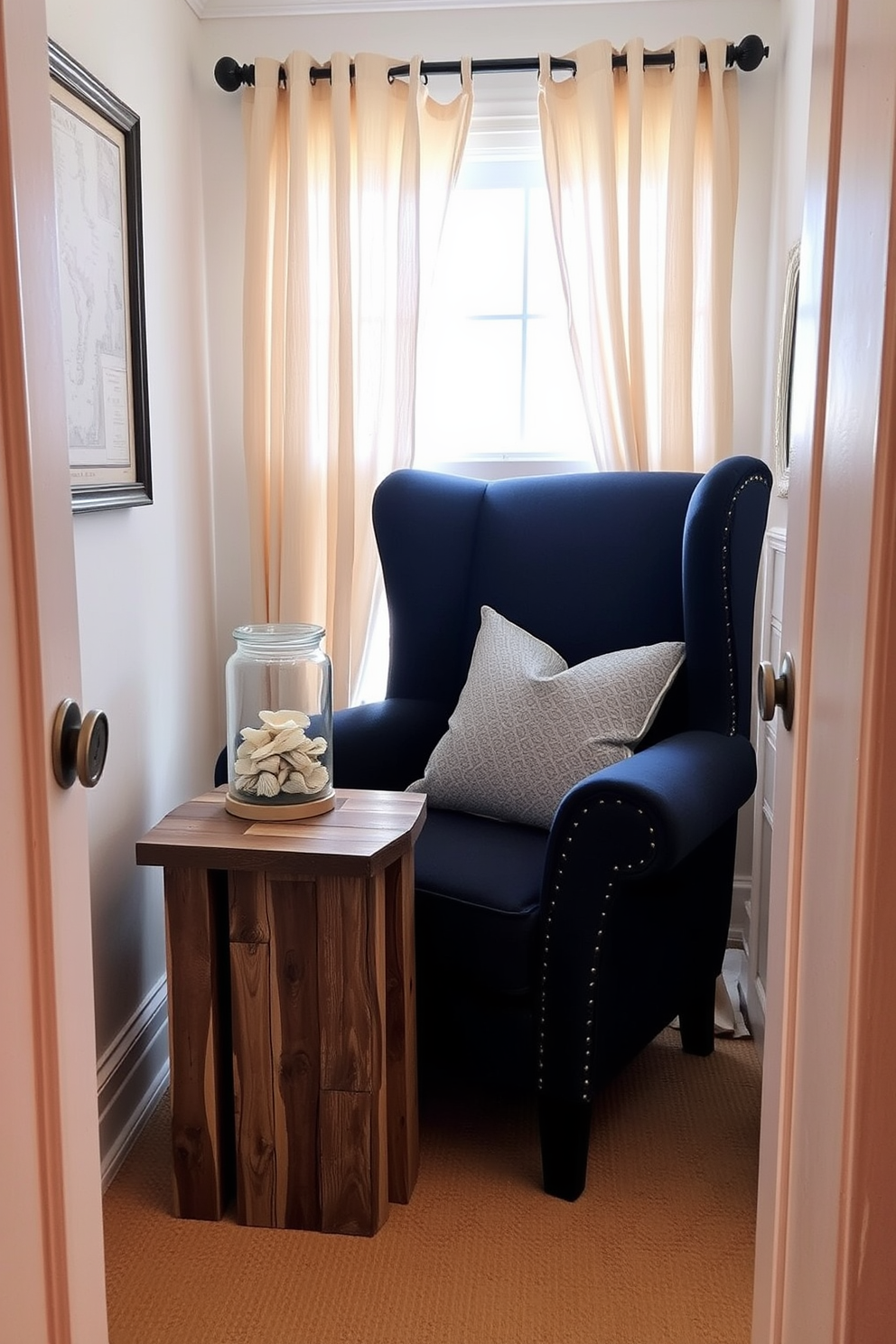 A cozy reading nook inspired by nautical themes. The space features a comfortable armchair upholstered in navy blue fabric, with a small side table made of reclaimed wood beside it. Decorative accents include a collection of seashells displayed in a glass jar and a vintage nautical map framed on the wall. Soft, sheer curtains in a light beige color allow natural light to filter in, creating an inviting atmosphere.