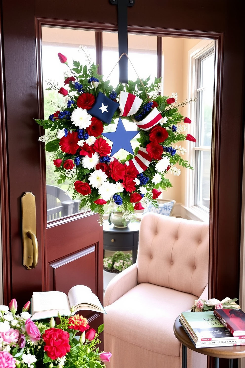 A vibrant seasonal wreath adorned with red white and blue flowers hangs on a welcoming front door. The wreath features stars and stripes elements to celebrate Memorial Day. A cozy reading nook is created with a plush armchair in a soft fabric and a small side table for holding books and beverages. Natural light pours in from a nearby window illuminating the space and enhancing the inviting atmosphere.