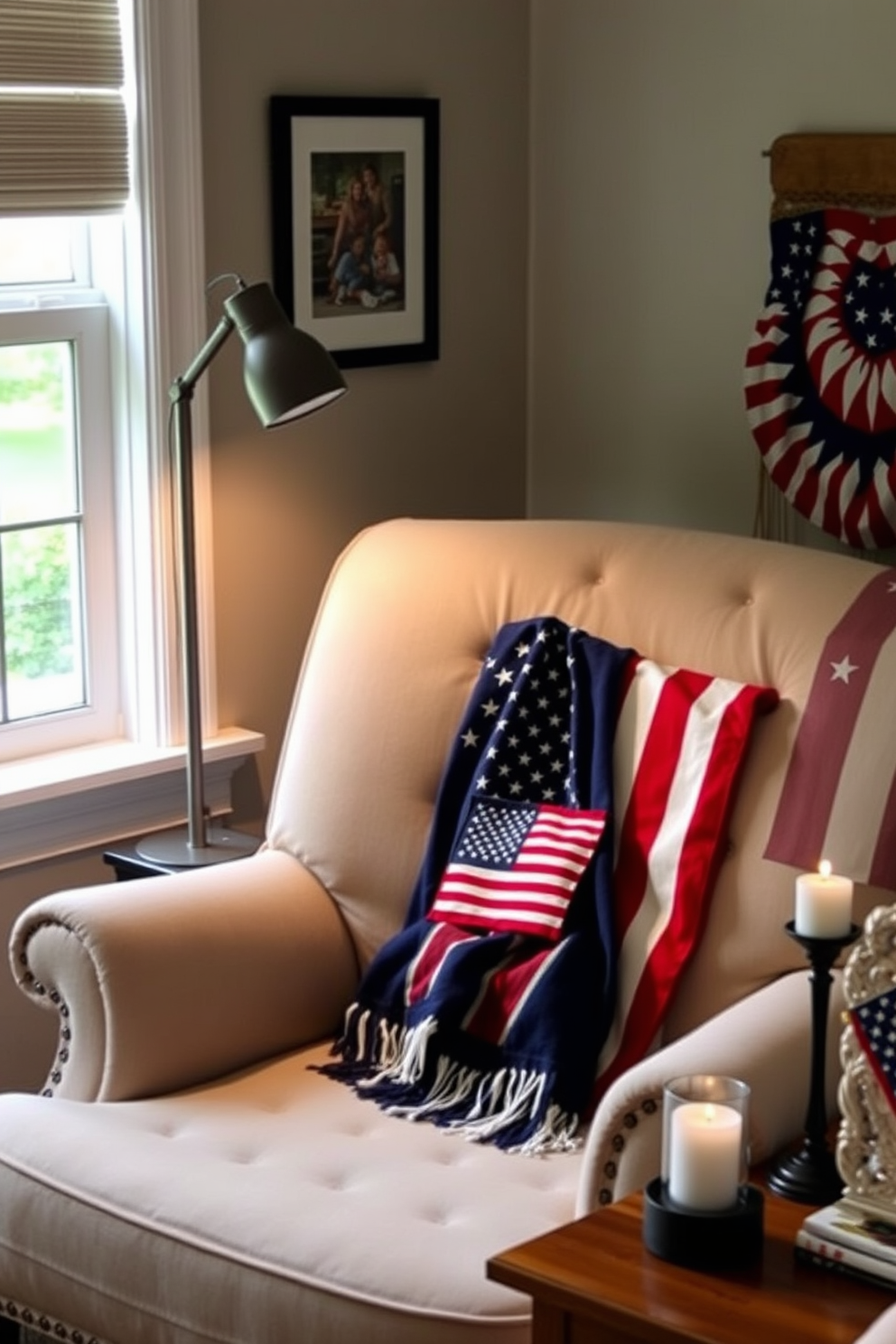 A cozy reading nook featuring a comfortable armchair upholstered in soft fabric. There's a stylish reading lamp with adjustable brightness positioned next to the chair, providing the perfect light for a relaxing reading session. The nook is adorned with patriotic decor for Memorial Day, including a small flag-themed throw blanket draped over the armchair. A wooden side table holds a stack of books and a decorative candle, enhancing the inviting atmosphere.