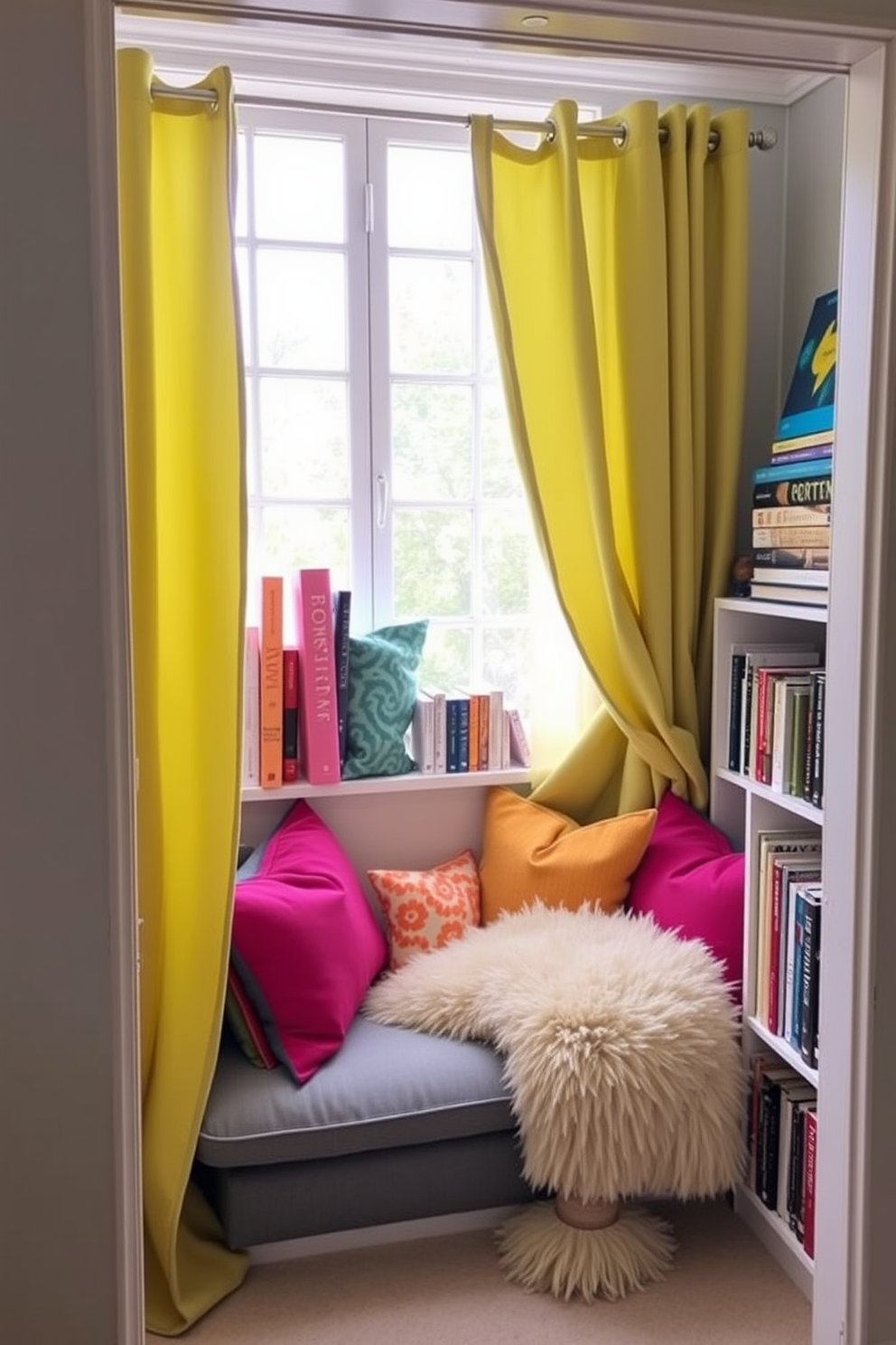 Brightly colored curtains frame a cozy reading nook filled with soft cushions and a plush throw blanket. A small bookshelf brimming with novels stands nearby, while a window invites natural light to illuminate the vibrant decor.