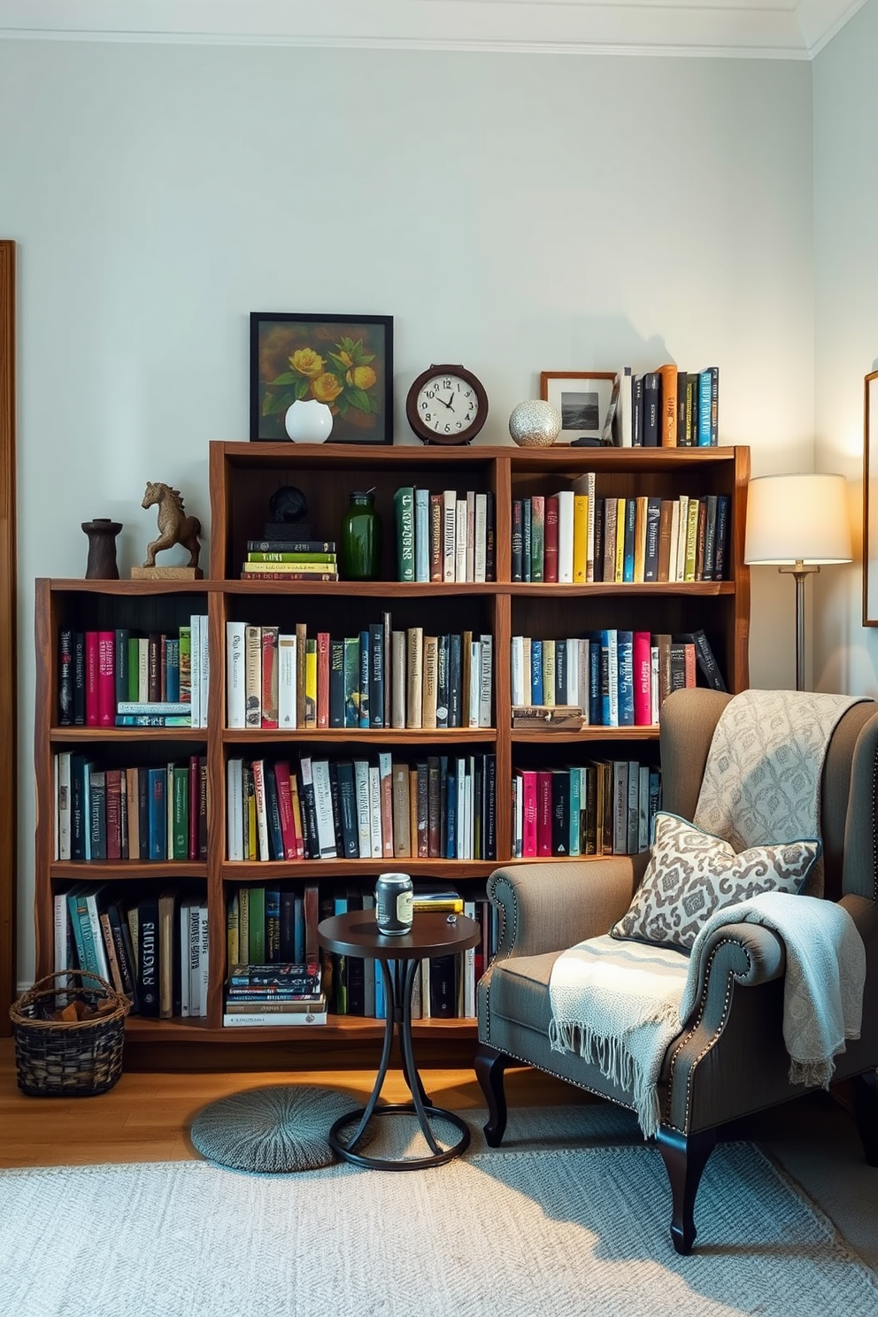 A cozy reading nook featuring a rustic wooden bookshelf filled with an array of books and decorative items. A comfortable armchair is positioned nearby, adorned with a soft throw blanket and a small side table for drinks.