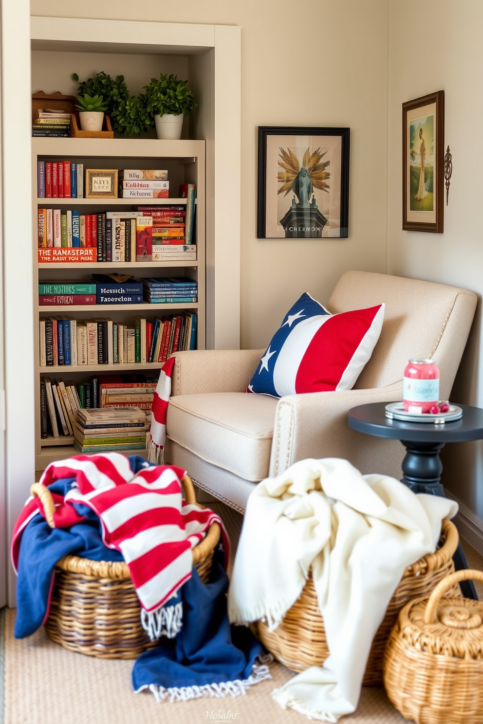 A cozy reading nook adorned with patriotic throw pillows and blankets in red white and blue. The space features a comfortable armchair positioned next to a small bookshelf filled with summer reads and a side table holding a refreshing drink. The walls are painted in a soft neutral tone to enhance the vibrant colors of the decor. A woven basket sits on the floor, filled with additional blankets for a warm touch during cool evenings.