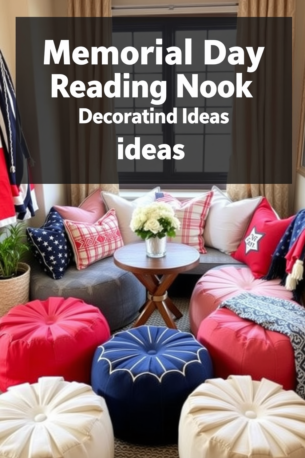 Comfortable poufs for extra seating. The reading nook features soft, colorful poufs arranged around a small wooden table, inviting relaxation and conversation. Memorial Day Reading Nook Decorating Ideas. The space is adorned with red, white, and blue accents, including cushions and throws, creating a festive yet cozy atmosphere.