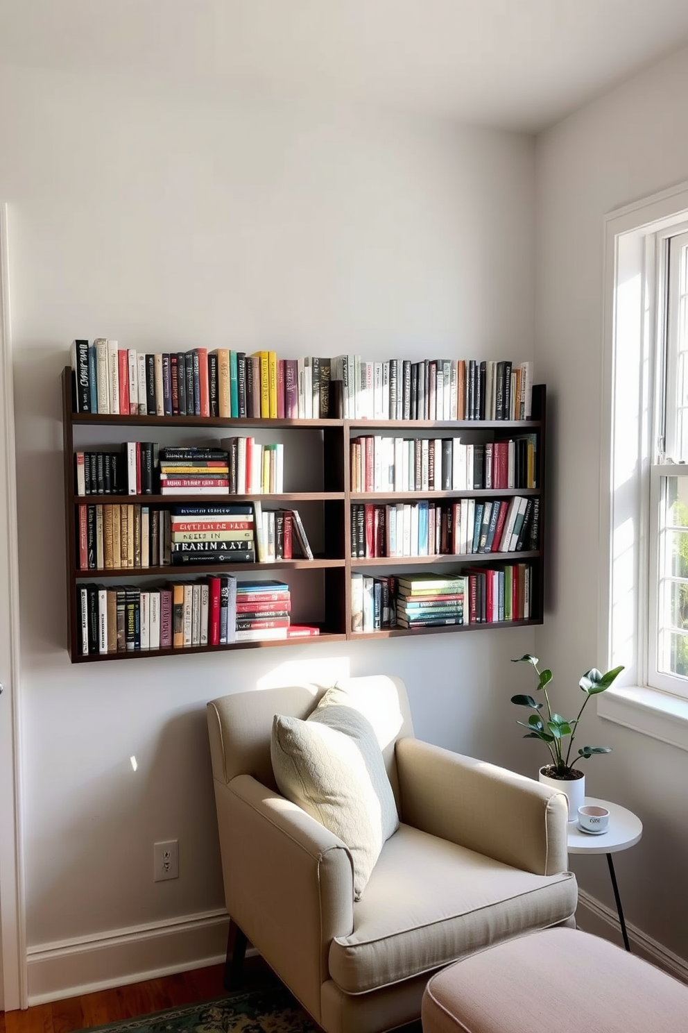 A cozy reading nook featuring wall-mounted bookshelves that maximize space and create an inviting atmosphere. The shelves are filled with an array of colorful books, and a comfortable armchair is placed below, adorned with soft cushions. Natural light streams in through a nearby window, illuminating the nook with a warm glow. A small side table holds a cup of coffee and a decorative plant, enhancing the serene ambiance for Memorial Day relaxation.